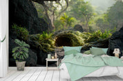 3D Jungle Cave Entrance Rocks Green Trees Grass Moss Wall Mural Wallpaper GD 3073- Jess Art Decoration