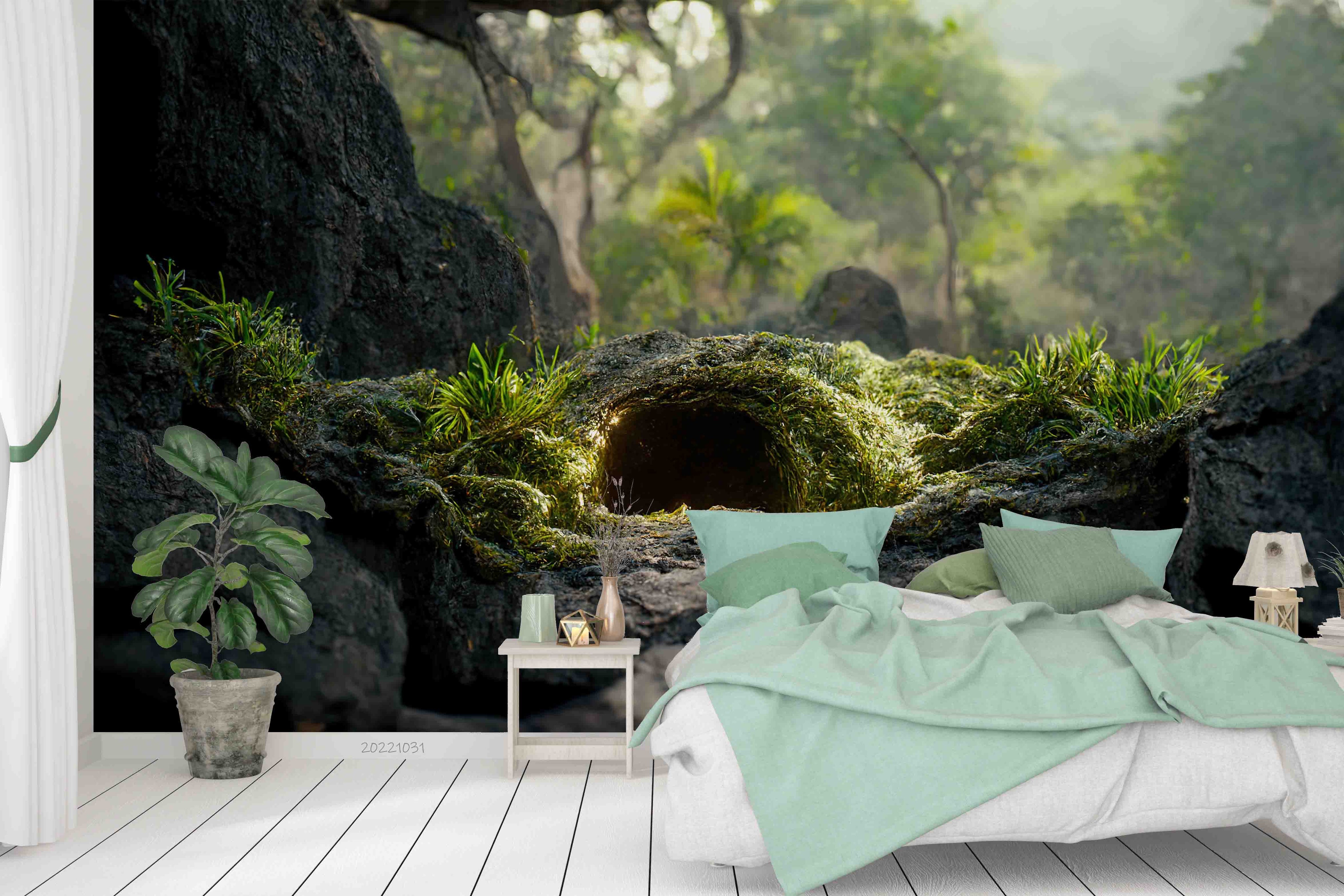 3D Jungle Cave Entrance Rocks Green Trees Grass Moss Wall Mural Wallpaper GD 3073- Jess Art Decoration
