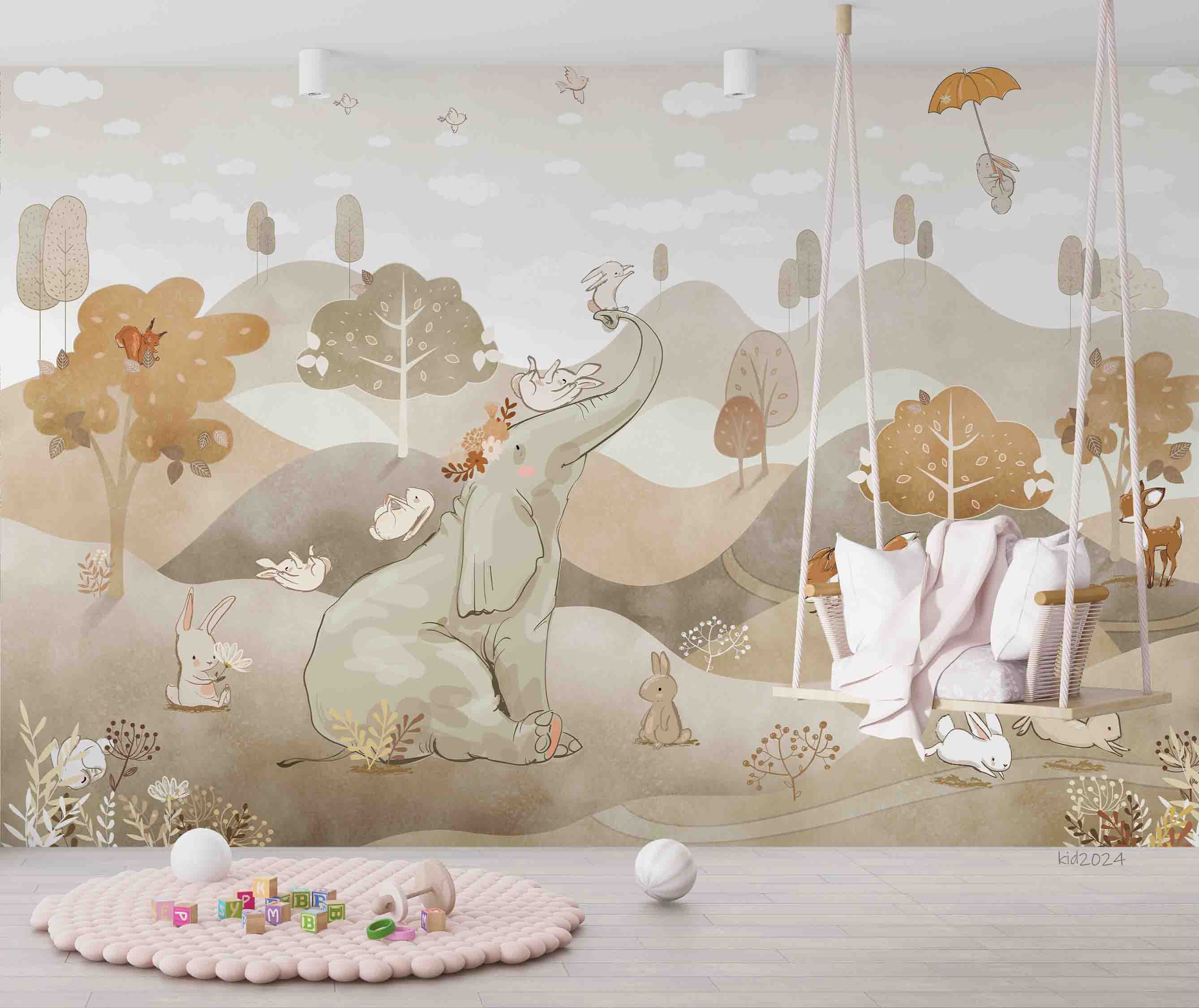 3D Tree Elephant Rabbit Fox Mountain Cloud Wall Mural Wallpaper YXL 380