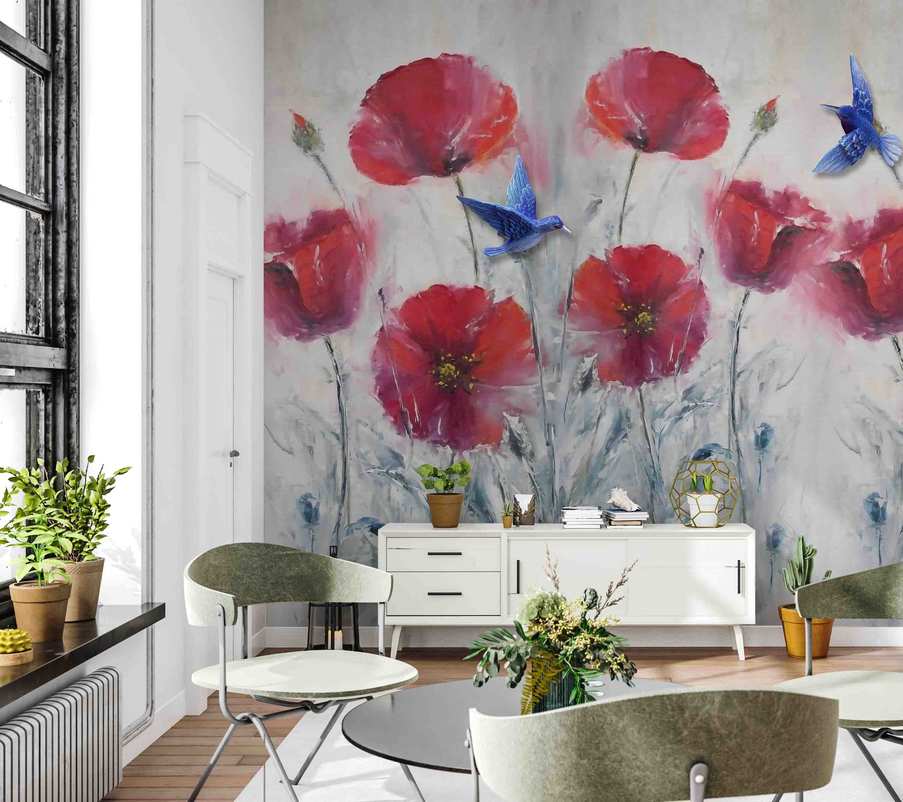 3D Vintage Red Poppy vintage red flower painting wall mural wallpaper for bedroom - view 5
