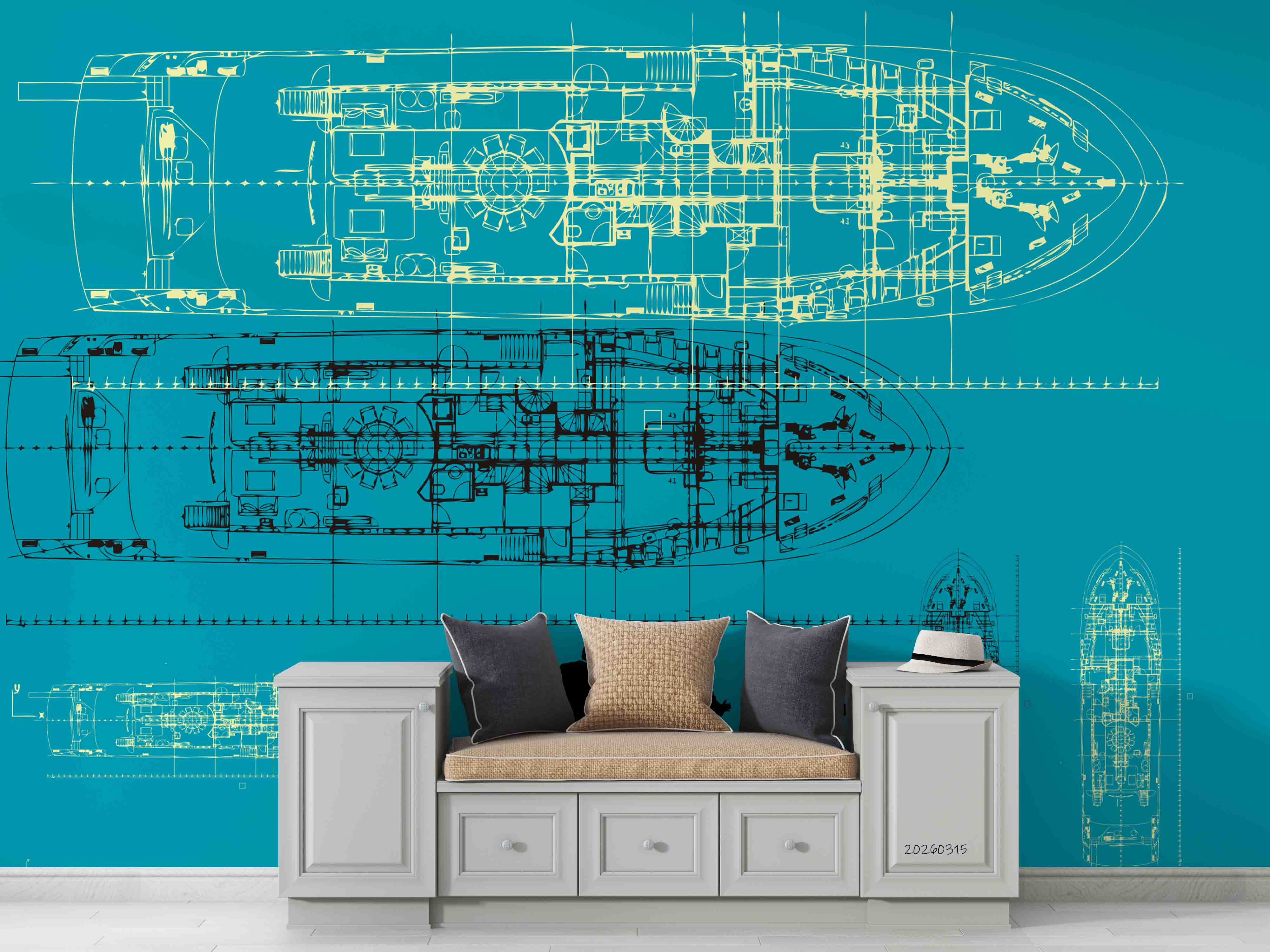 3D Retro Ship Submarine Engineering Blueprint Style Steampunk Wallpaper Wall Mural Wall Decor Wall Art Wall Sticker Remoable Wallpaper