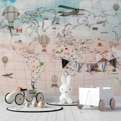 3D World Map Hydrogen Balloon Aircraft Rectangle Wall Mural Wallpaper YXL 357