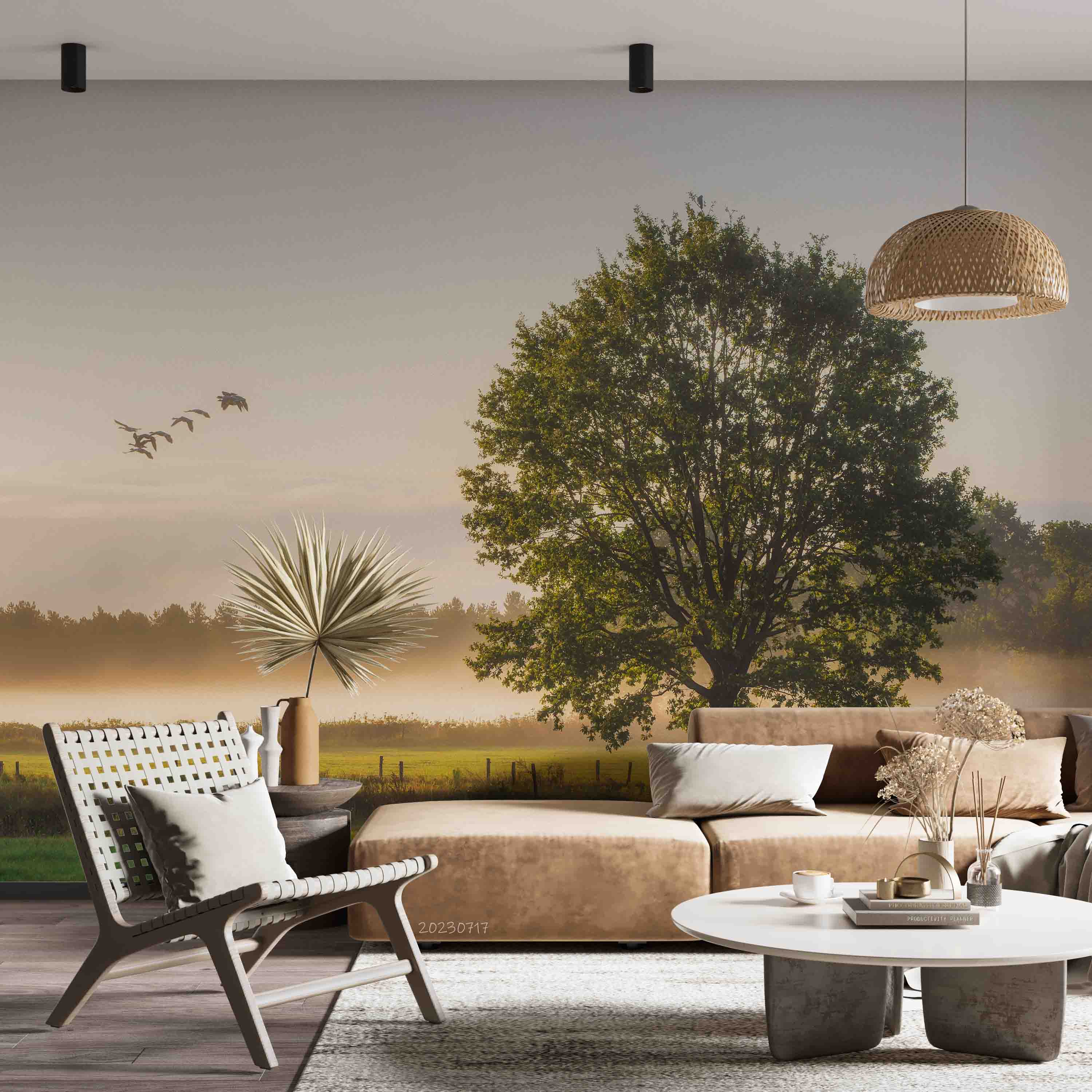 3D Wild Goose Fog Prairie Trees Autumn Landscape Wall Mural Wallpaper JN 382