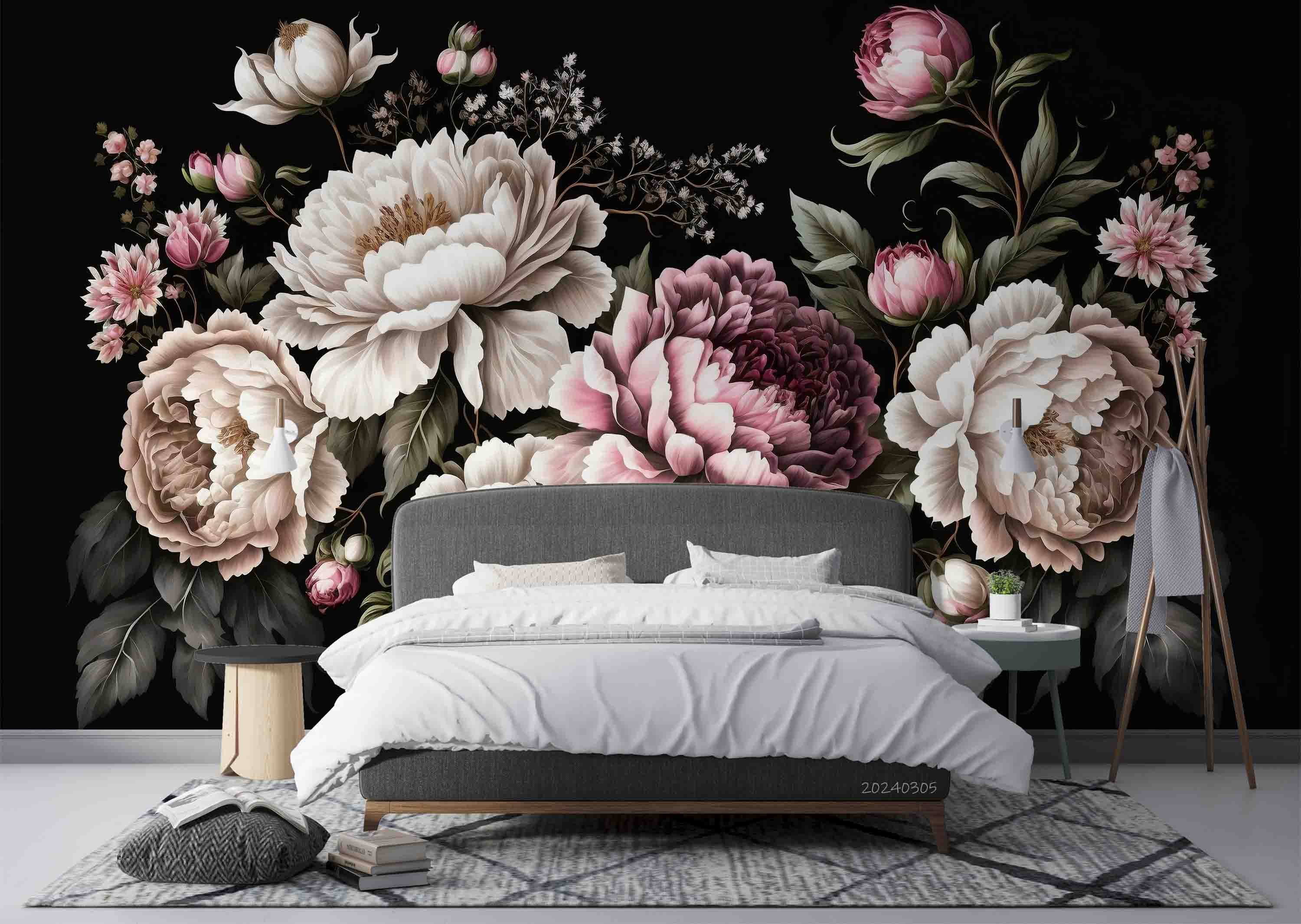 3D Pink Floral Bouquet Dark Background Wallpaper Wall Mural Wall Decor Wall Art Wall Sticker Remoable Wallpaper