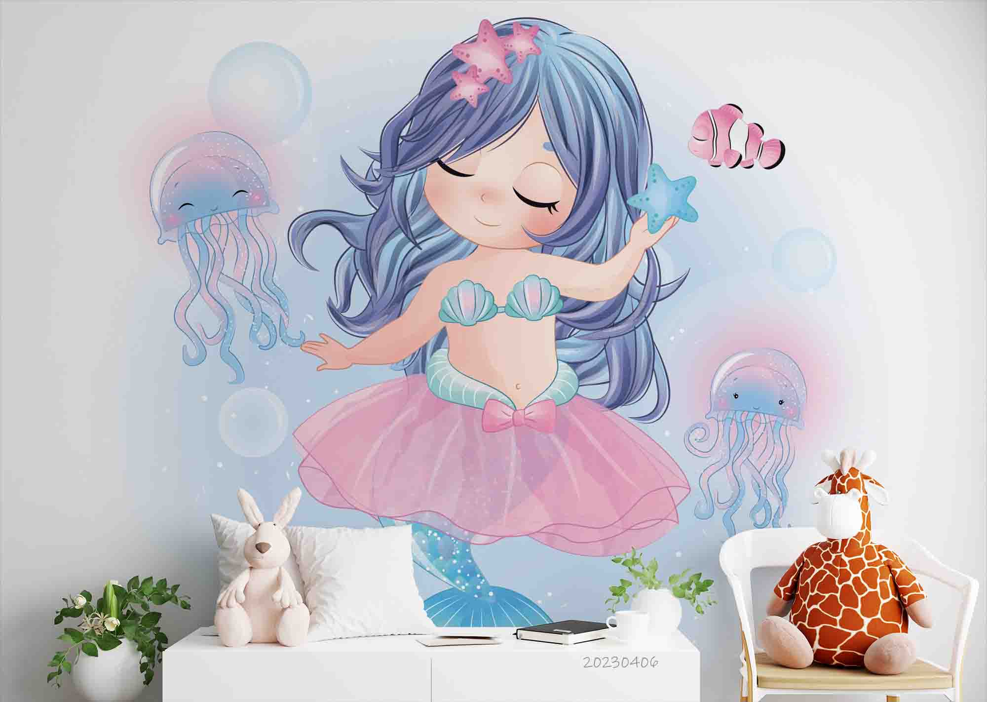 3D Cute Mermaid Jellyfish Kids Wall Mural Wallpaper GD 5613- Jess Art Decoration