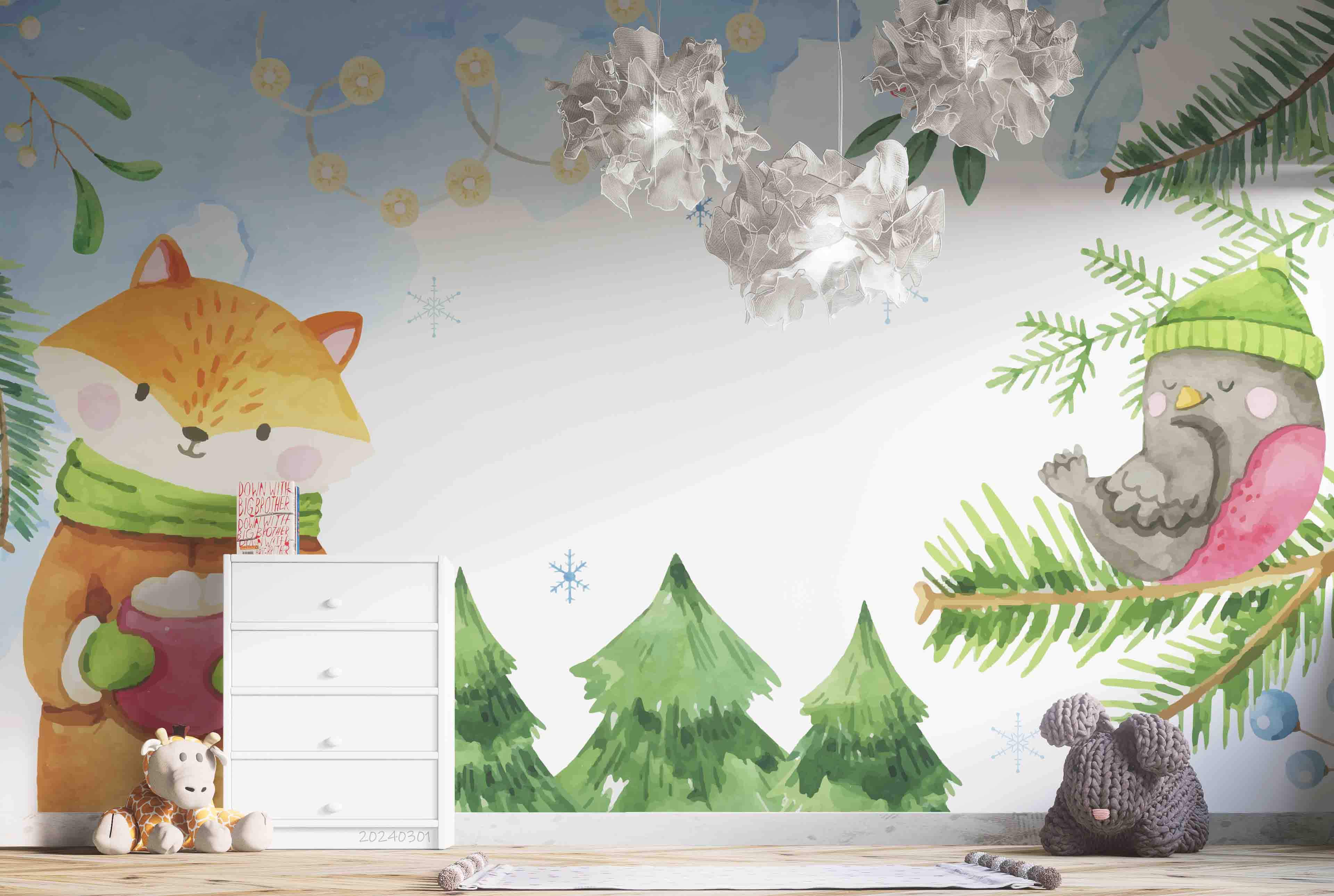 3D Cartoon Winter Forest Animal Fox Kids Wallpaper Wall Mural Wall Decor Wall Art Wall Sticker Remoable Wallpaper