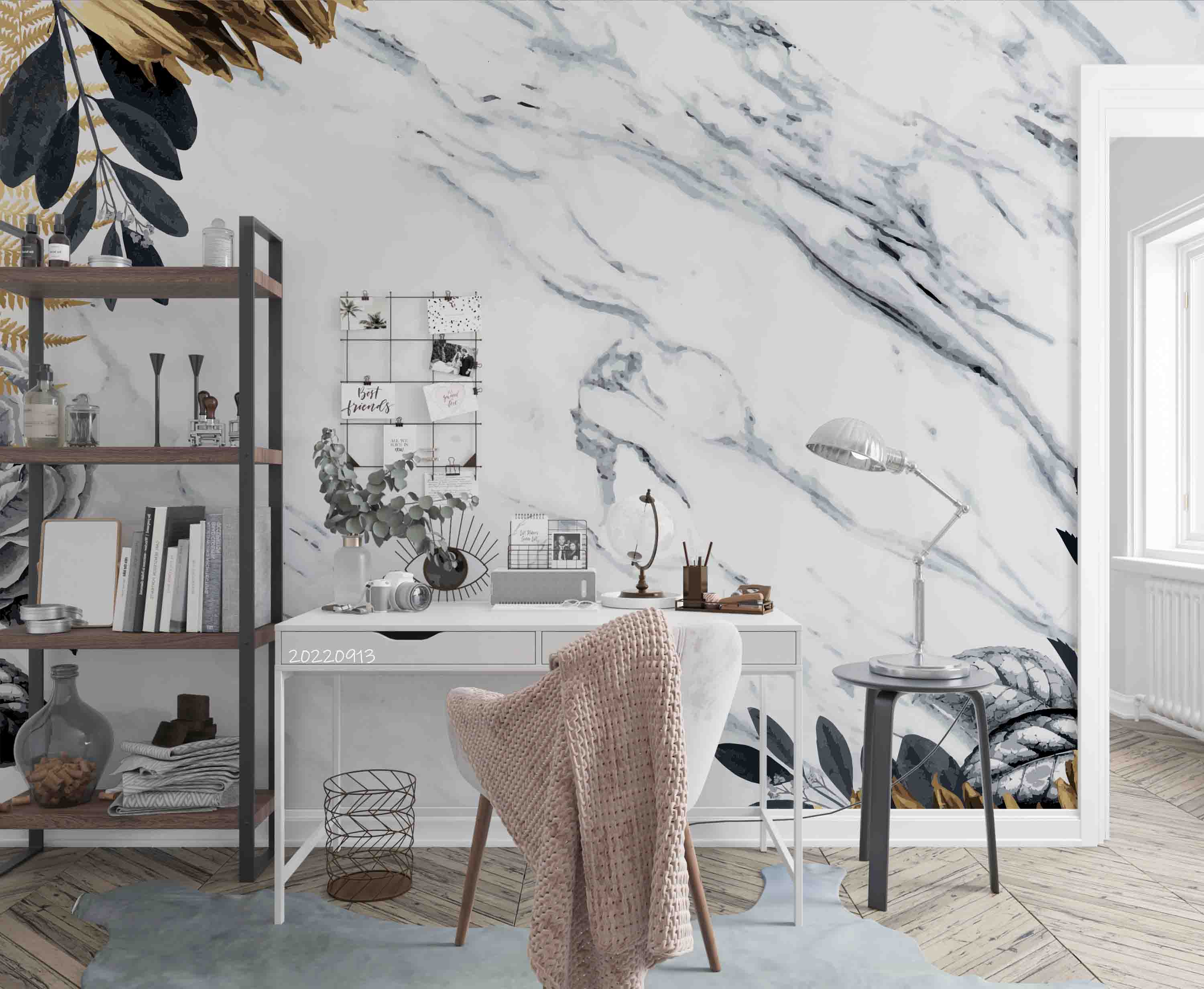 3D Black Gold Leaf Border White Marble Background Wall Mural Wallpaper GD 3582- Jess Art Decoration