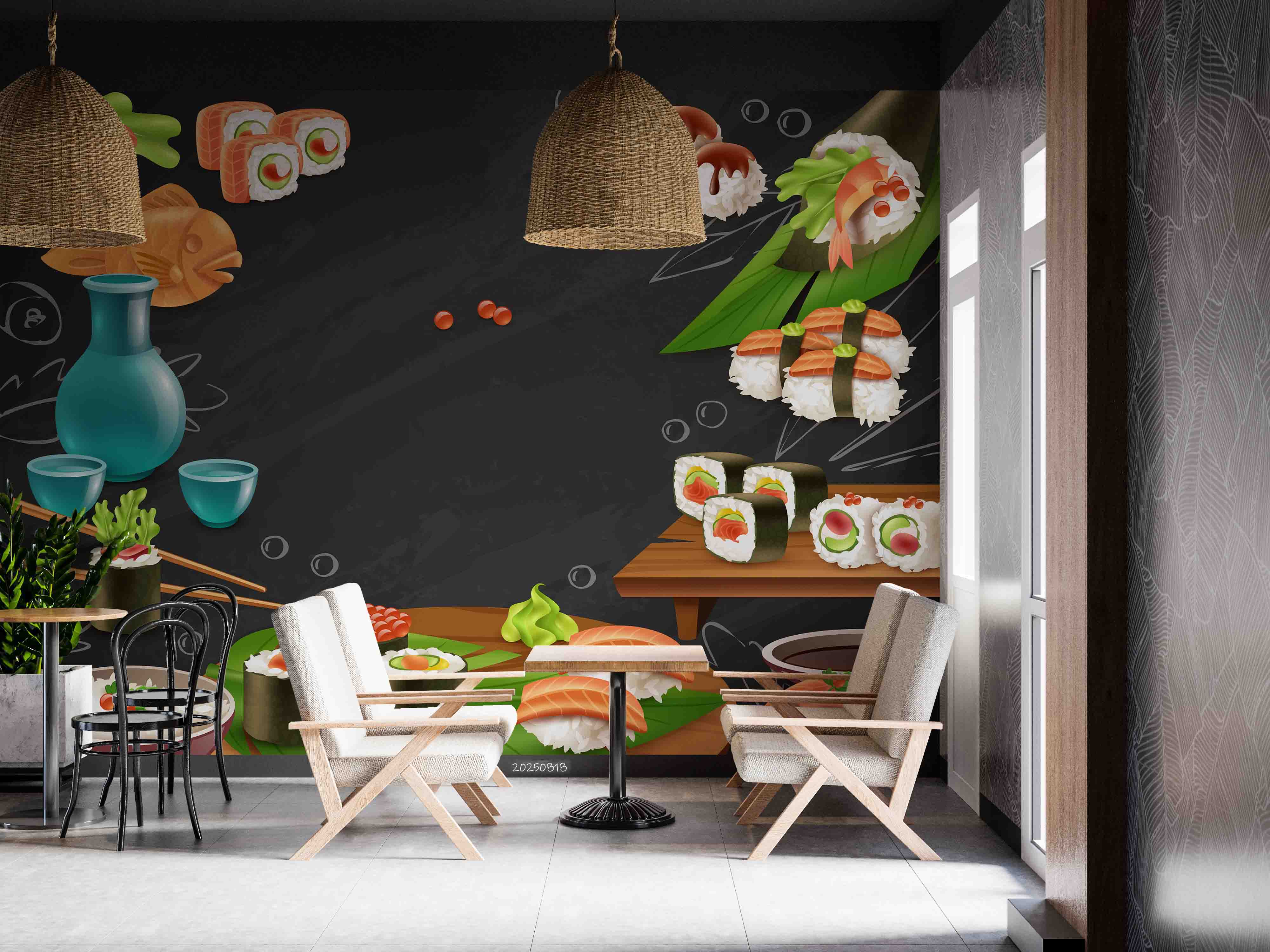 3D Restaurant Snack Bar Diner Fast Food Japanese Sushi Wall Mural Wallpaper 4