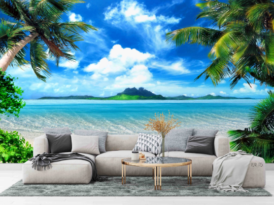 3D Tropical Sand Beach bright tropical beach landscape wall mural wallpaper for living room - view 2