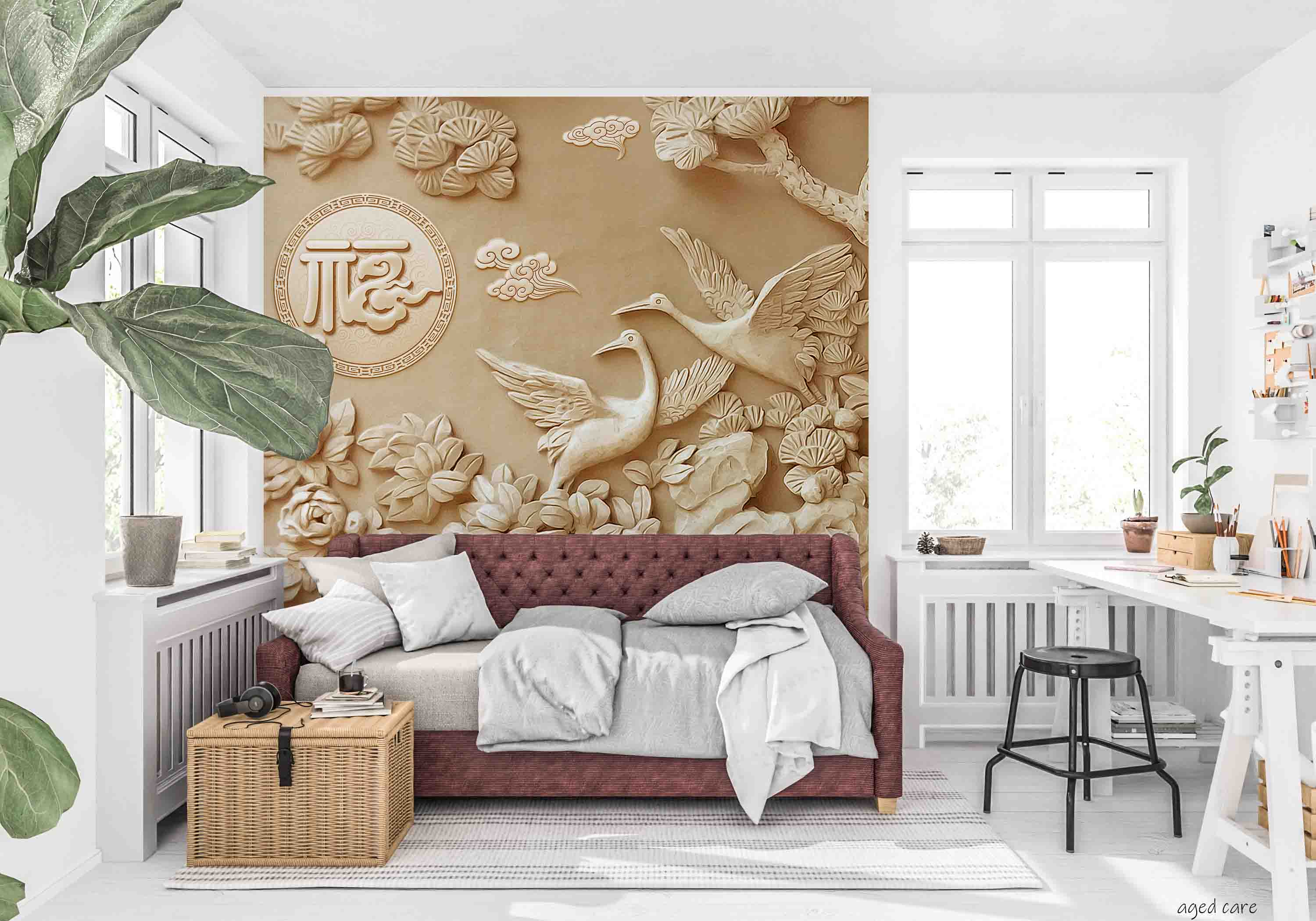 3D Aged Care Retirement Home Gerocomium Rest Home Embossed Crane Wall Mural Wallpaper 17