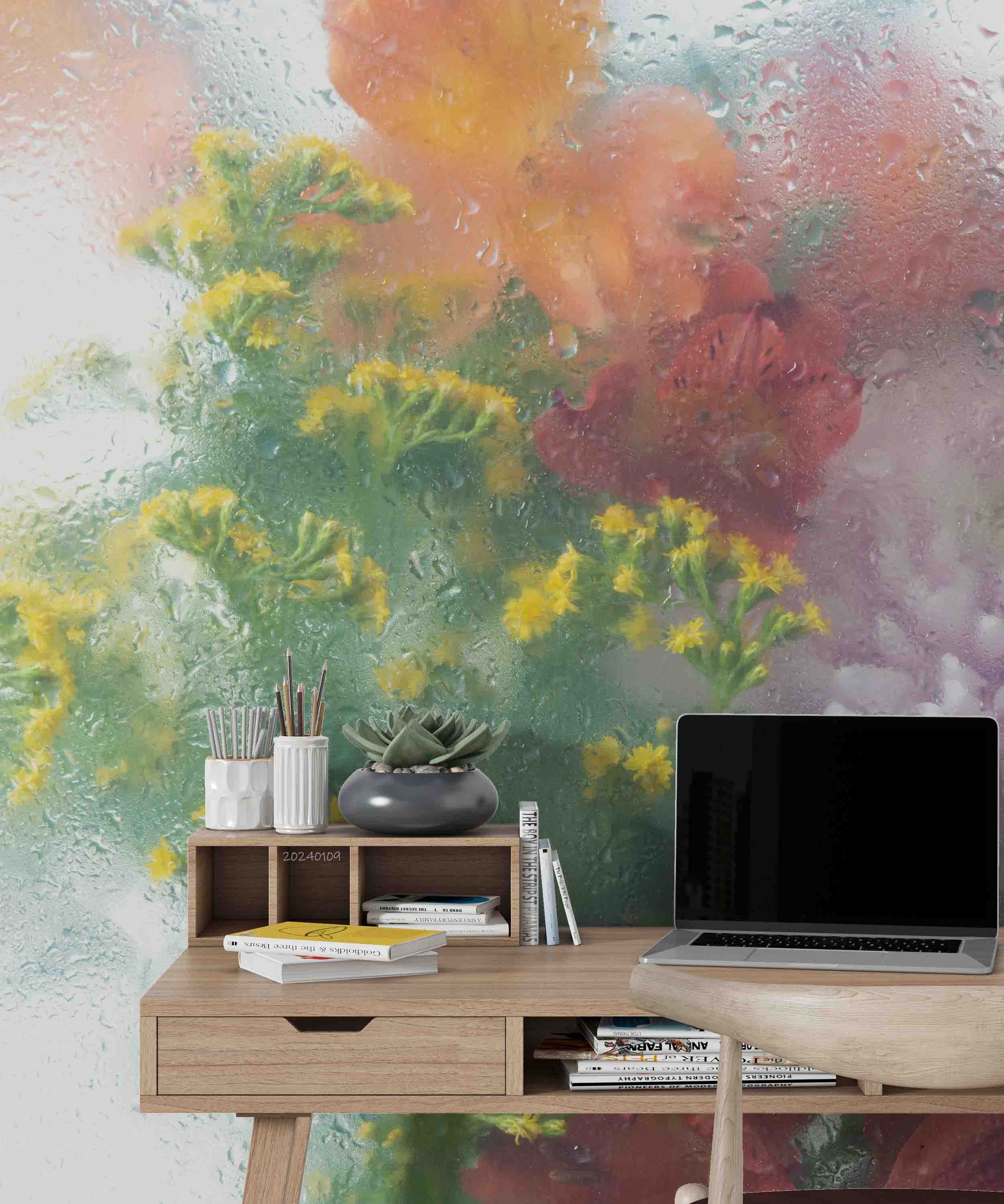 3D Oil Painting Floral Small Daisy Tulip Dew Glass Wall Mural Wallpaper YXL 151