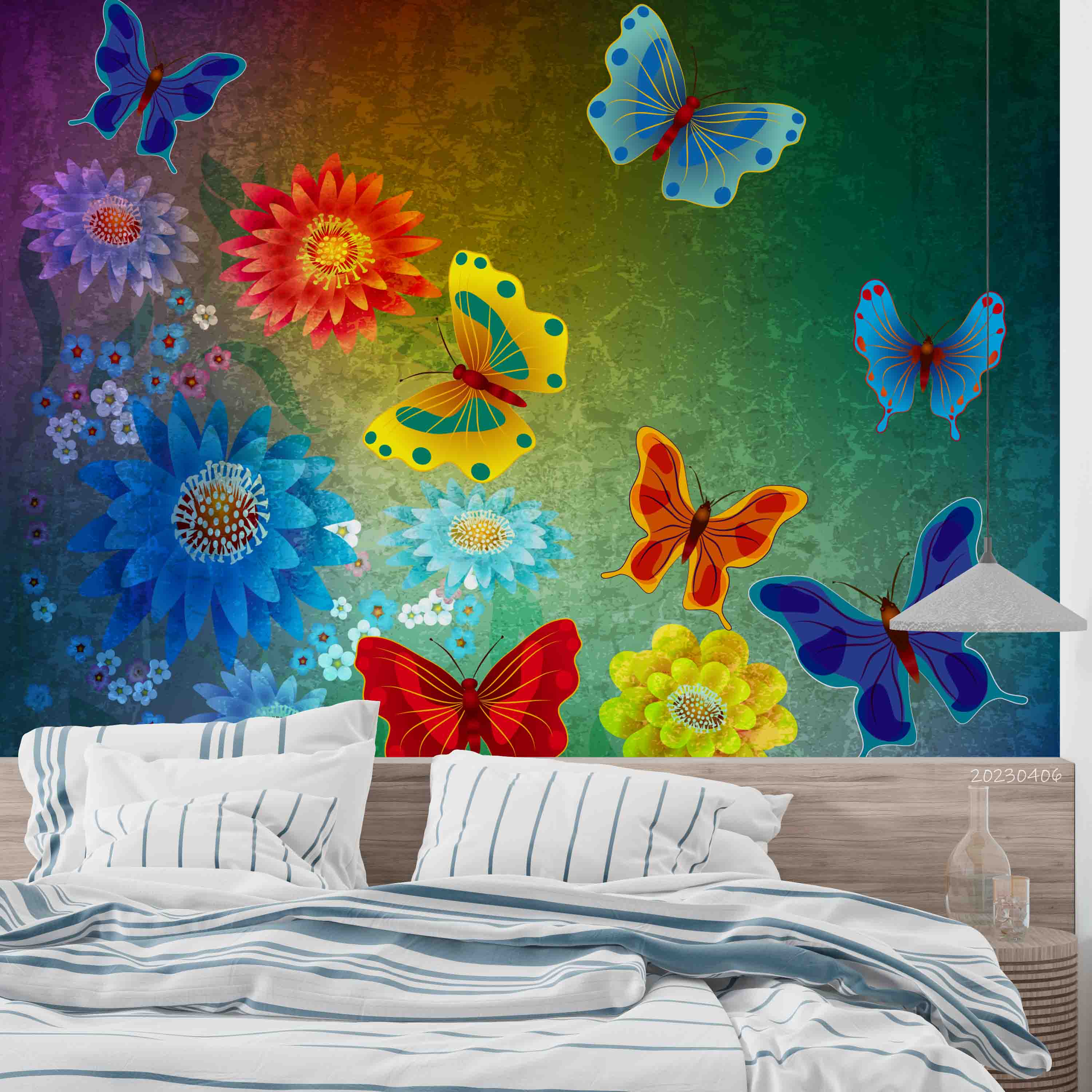 3D Abstract Colorful Butterfly Dark Green Floral Wall Mural Wallpaper GD 5662- Jess Art Decoration