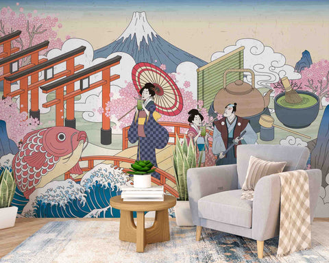 3D Vintage Japanese Landscape People Bridge Green Tea Wall Mural Wallpaper GD 4606- Jess Art Decoration