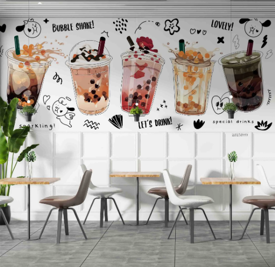 Milk Tea Letter Pearl Wallpaper cafe & food wall mural for cafe, restaurant or shop interior - view 2