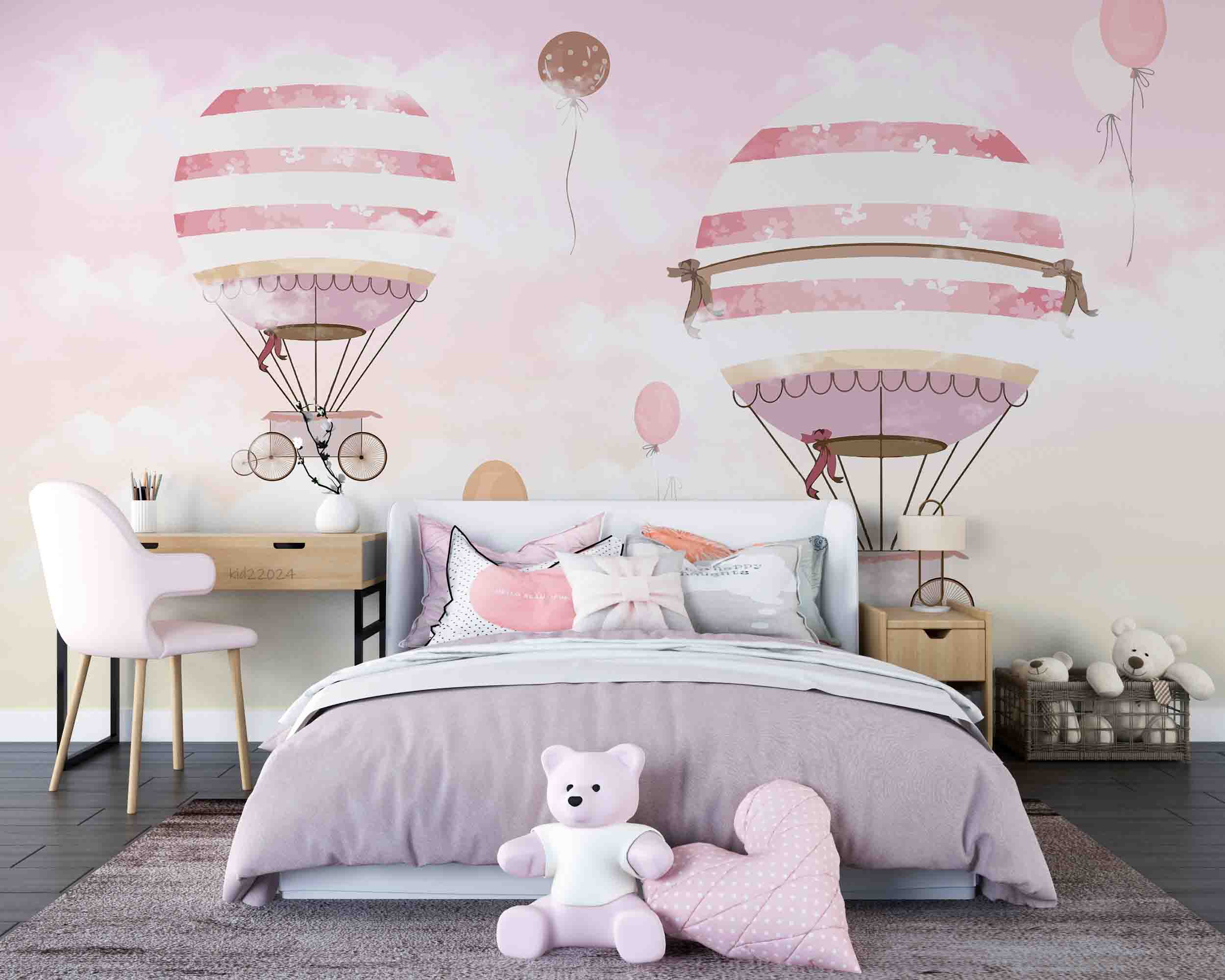3D Hydrogen Balloon Balloon Cloud Sky Pink Wall Mural Wallpaper YXL 404