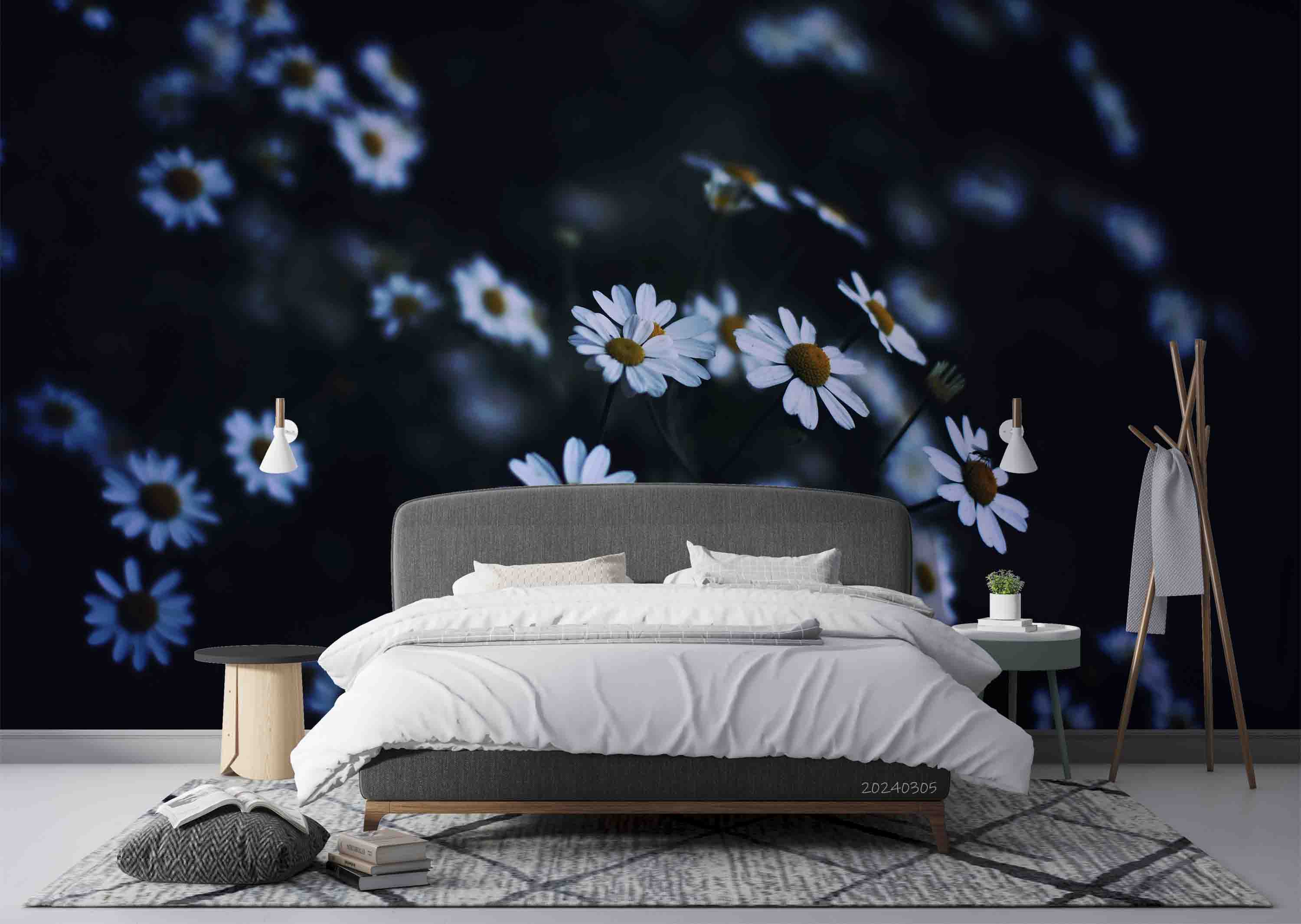 3D Blue Floral Bouquet Dark Background Wallpaper Wall Mural Wall Decor Wall Art Wall Sticker Remoable Wallpaper
