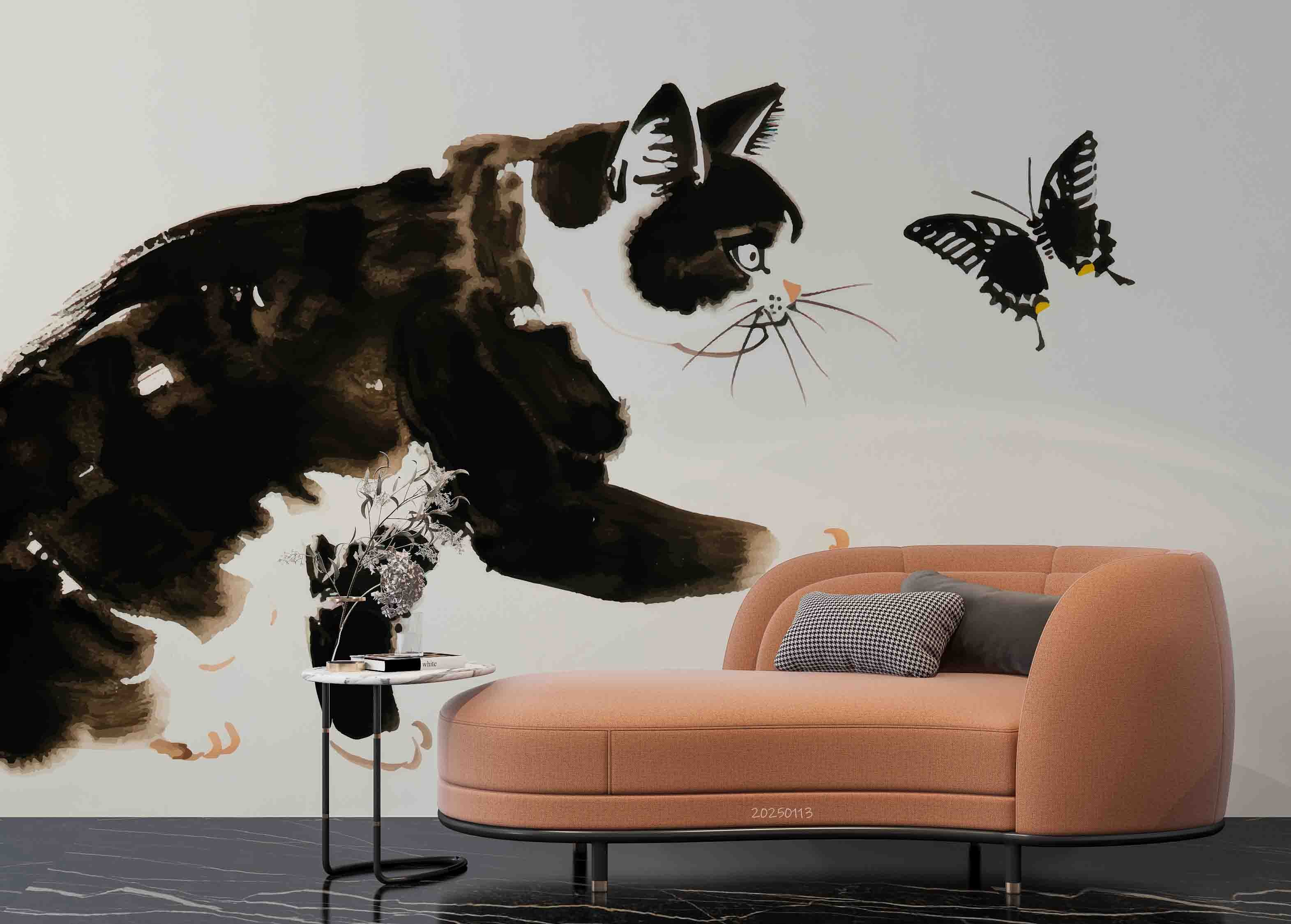 3D Black Animal Cat Butterfly Painting Wallpaper Wall Mural Wall Decor Wall Art Wall Sticker Remoable Wallpaper LQH 9