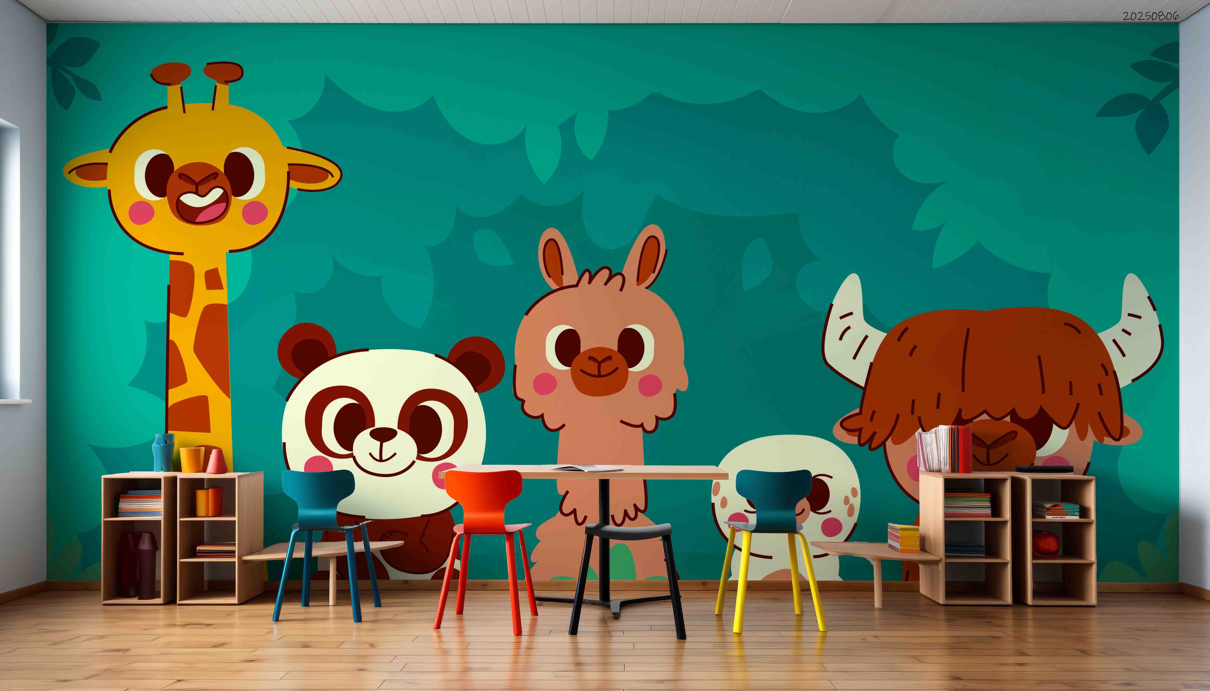 3D Childcare Nursery School Cartoon Animals Kids Green Wall Mural Wallpaper JN