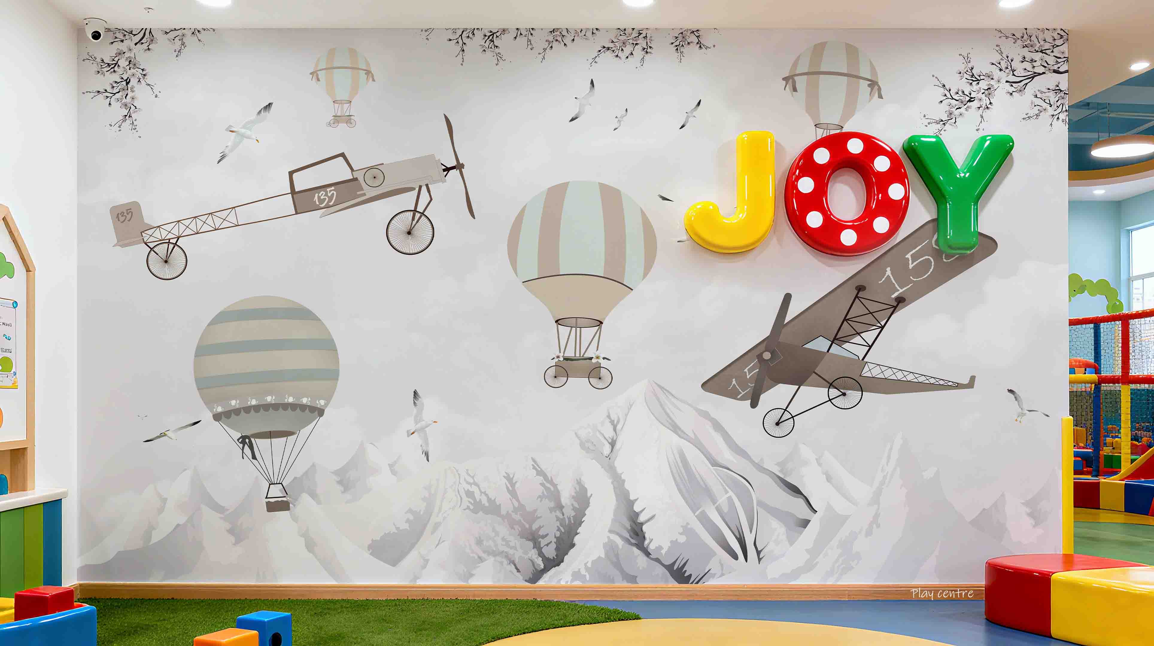 3D Play Centre Amusement Park Funfair Cartoon Mountain Air Balloon Wall Mural Wallpaper 23