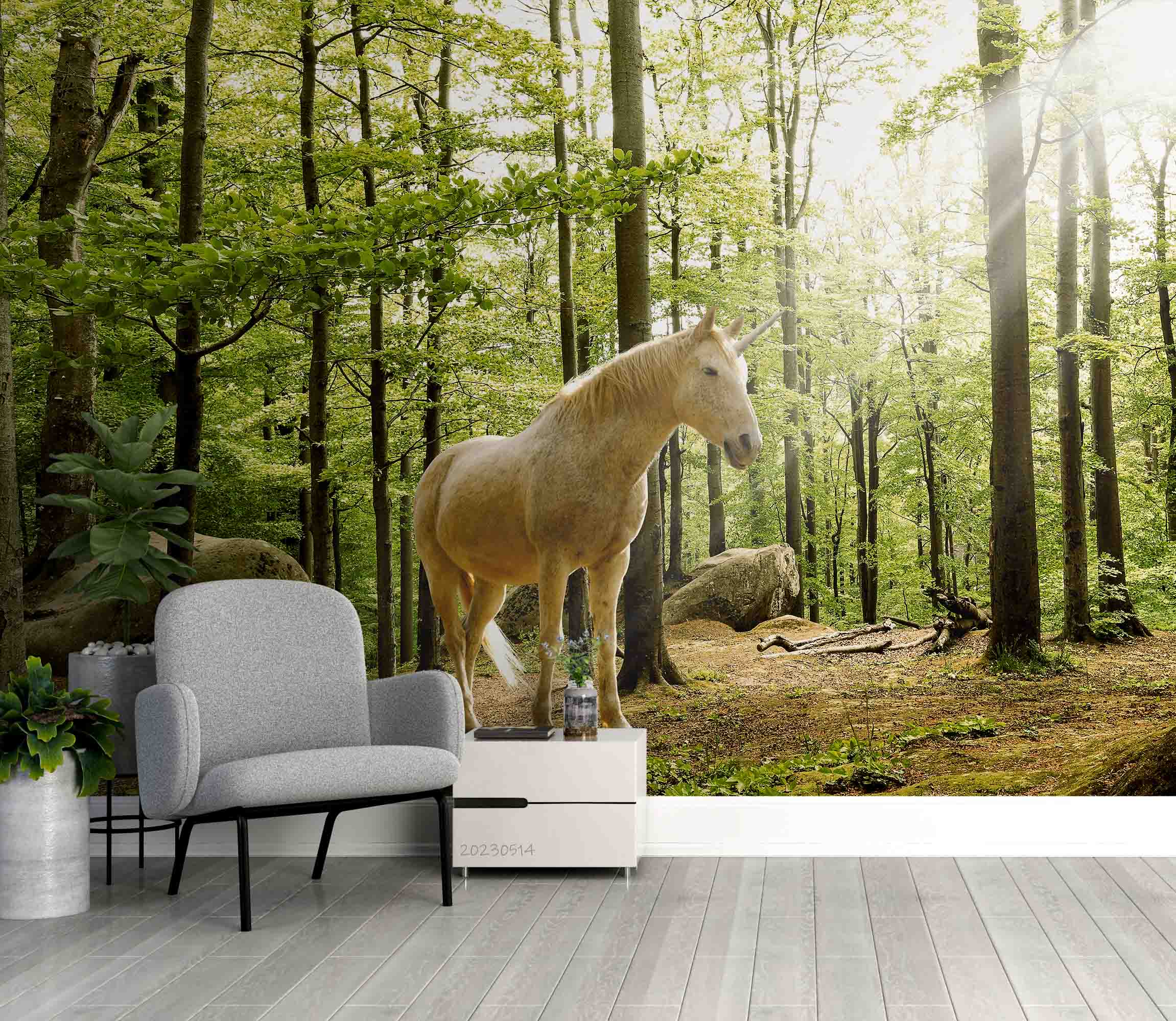 3D Forest Green Trees Sunlight White Unicorn Wall Mural Wallpaper GD 5326- Jess Art Decoration