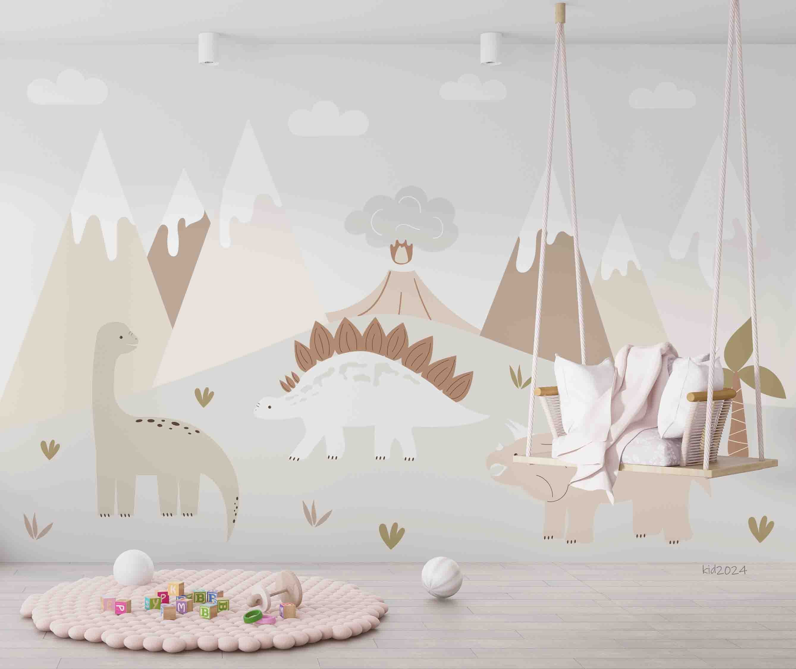 3D Mountain Dinosaur Cloud Volcano Wall Mural Wallpaper YXL 336
