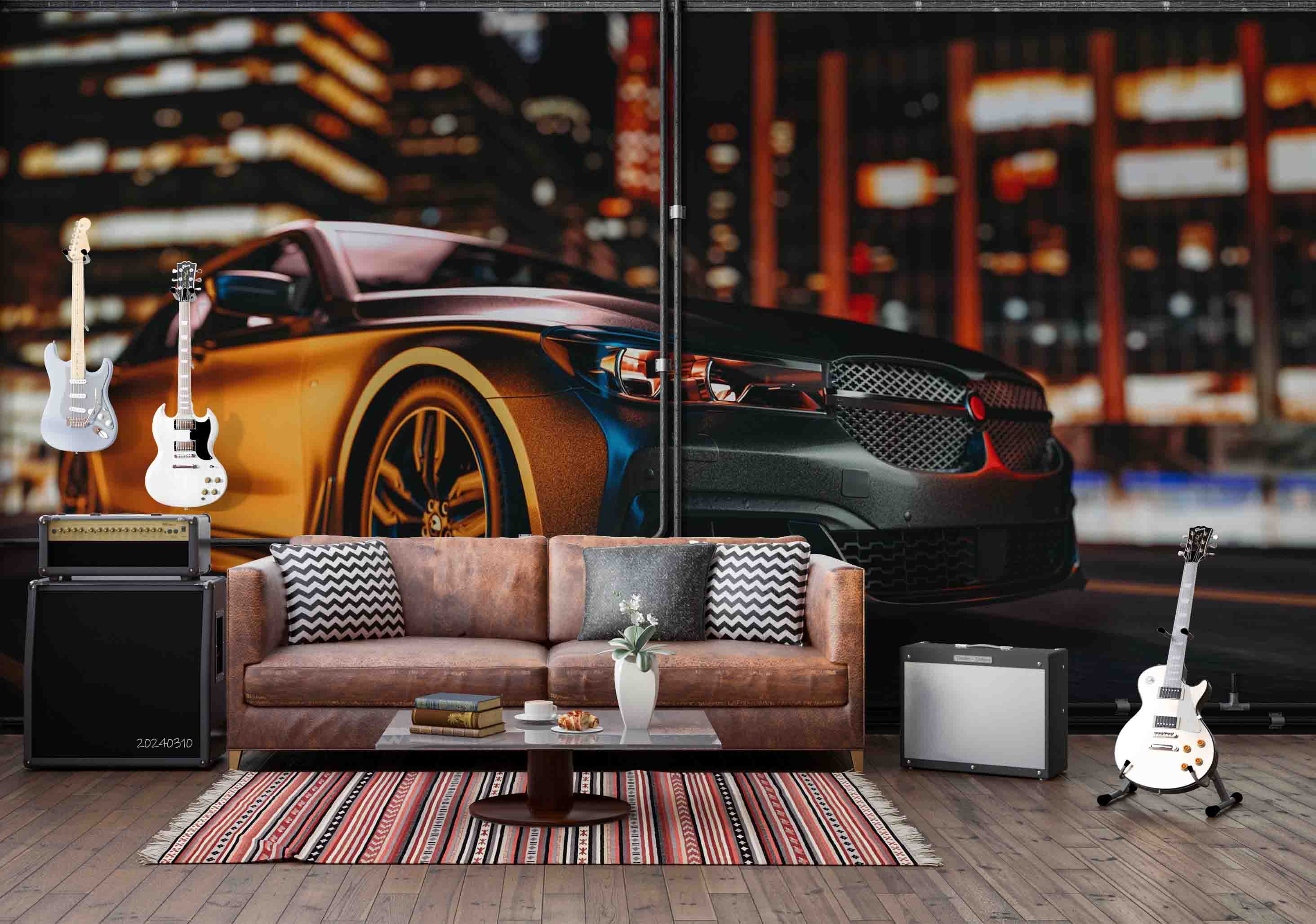 3D Brown Sports Car City Night Scene Wallpaper Wall Mural Wall Decor Wall Art Wall Sticker Remoable Wallpaper