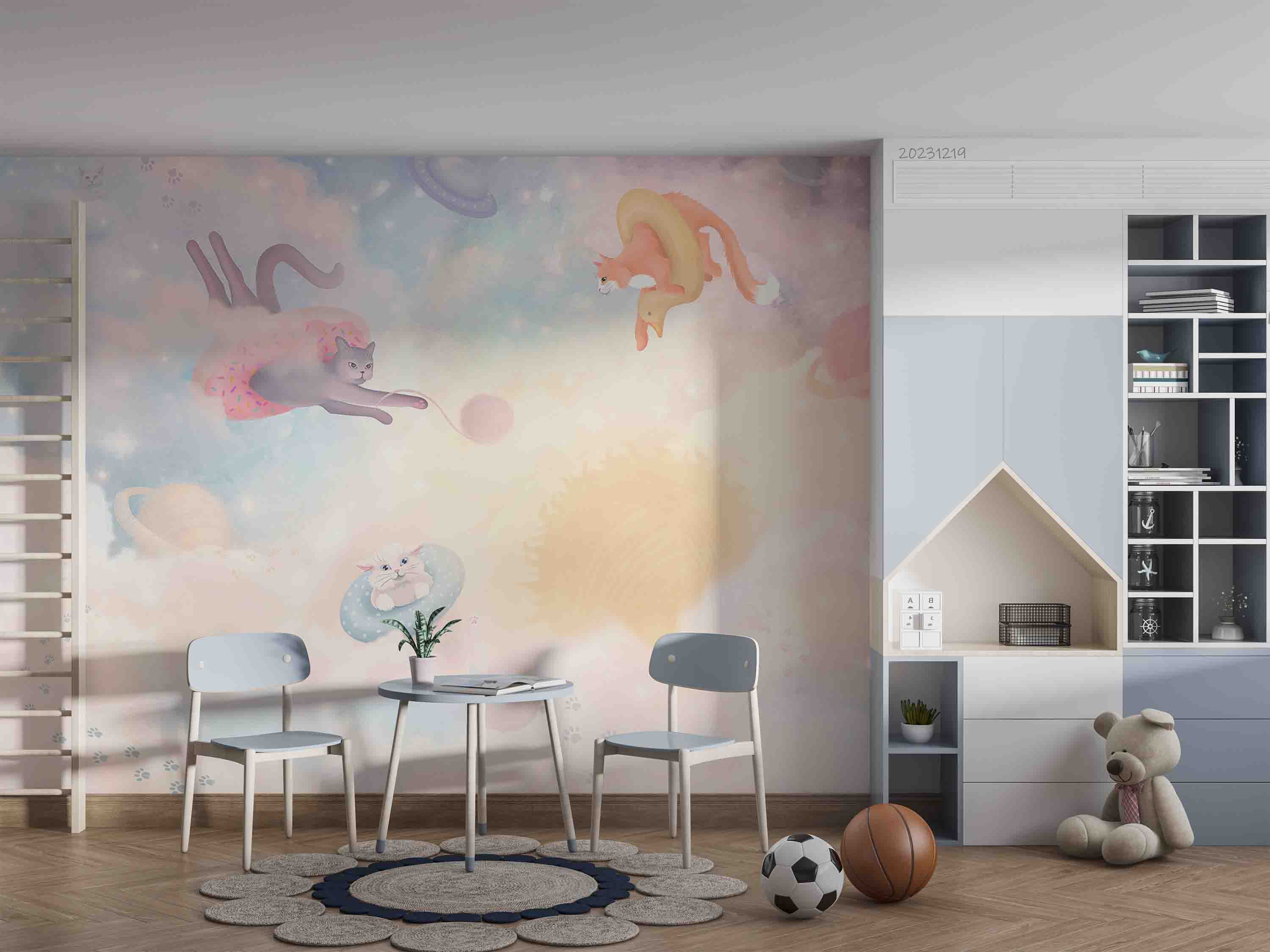 3D Animal Cat Swim Ring Cloud The Earth Space Station Wall Mural Wallpaper YXL 29