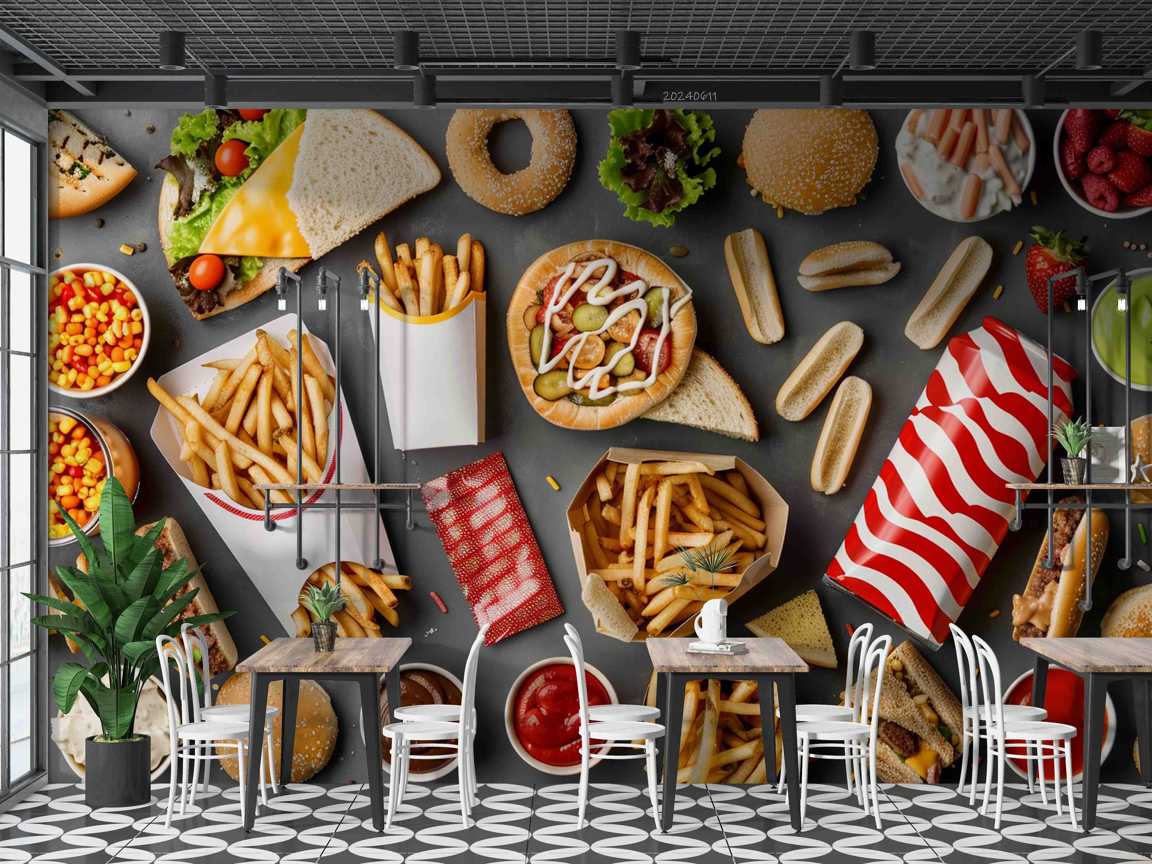 3D Hamburger Chips Ketchup Hot Dog Bread Niblet Wall Mural Wallpaper YXL 308