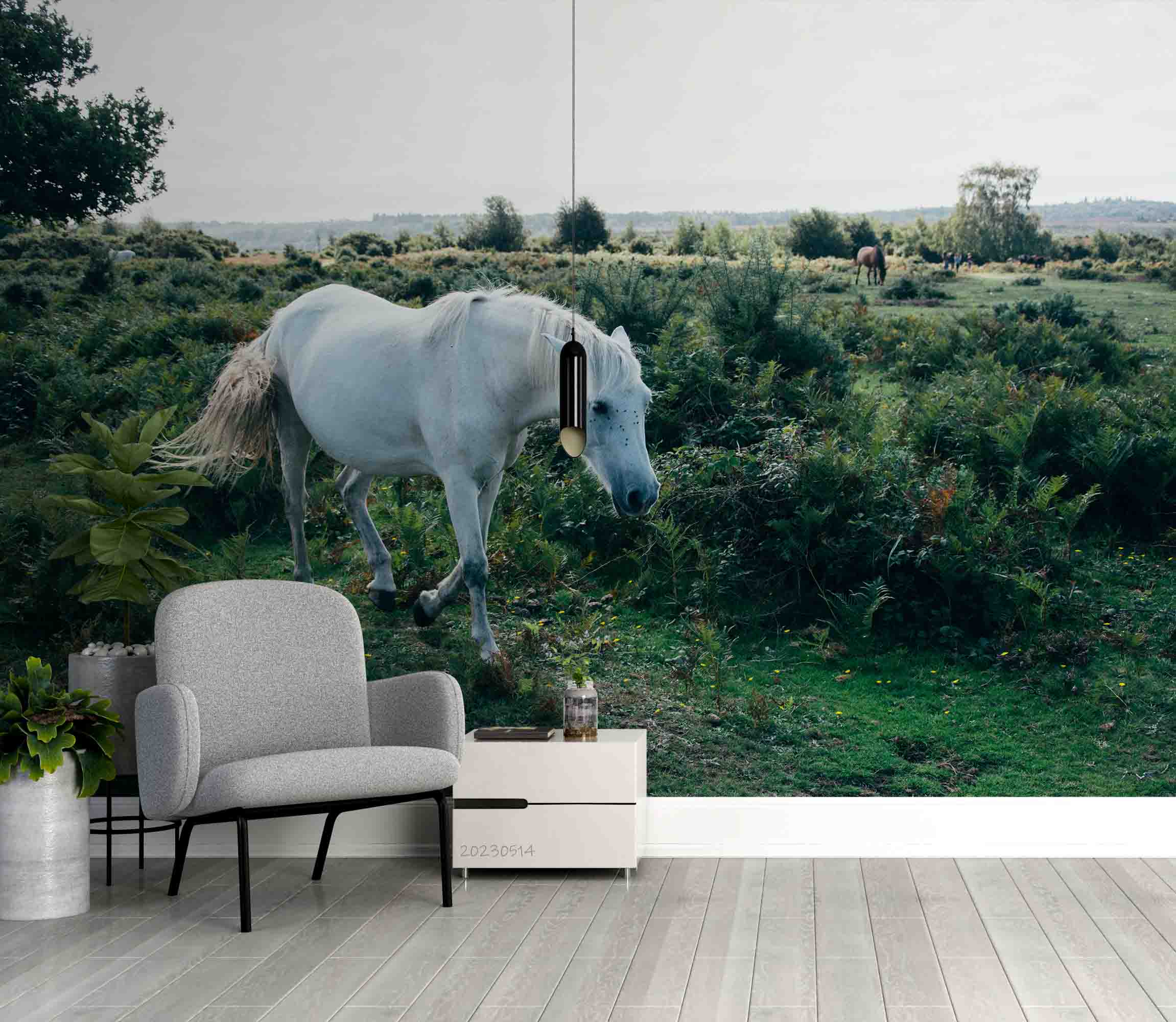 3D Ranch Scenery White Horse Grazing Wall Mural Wallpaper GD 5330- Jess Art Decoration
