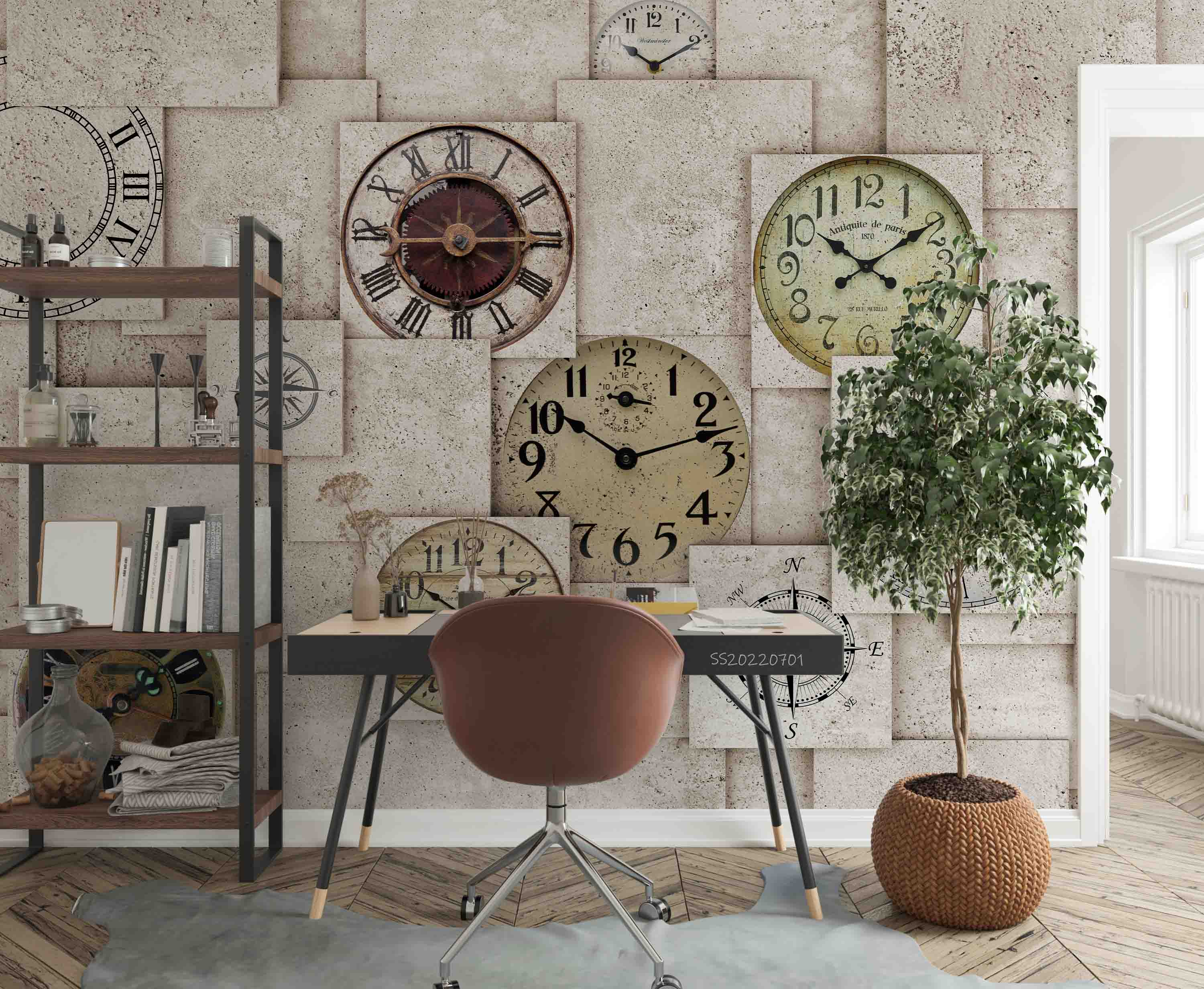 3D Vintage Clock Pattern Wall Mural Wallpaper GD 5004- Jess Art Decoration