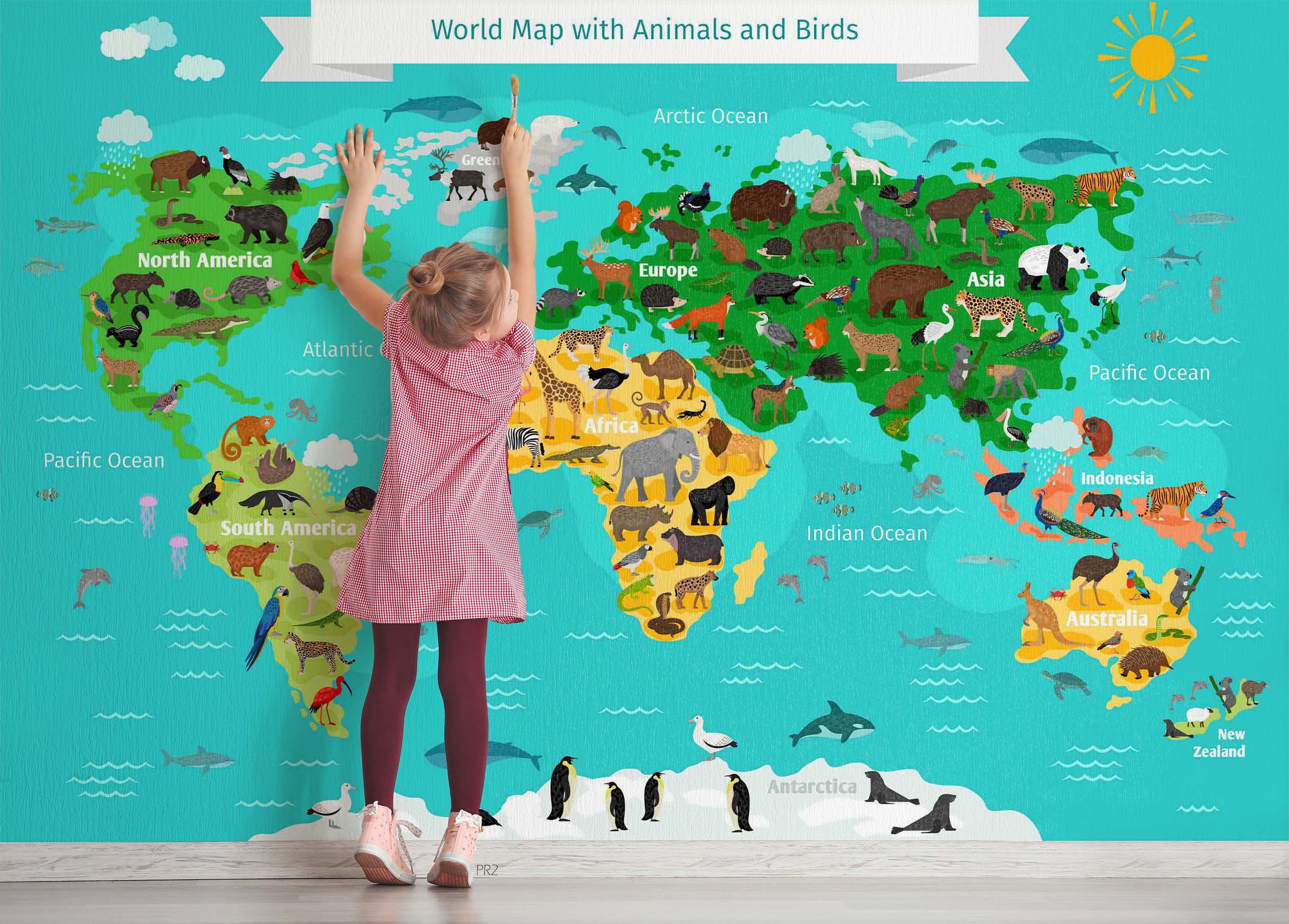 3D World Map Cartoon Animals Wall Mural Wallpaper GD 3765- Jess Art Decoration