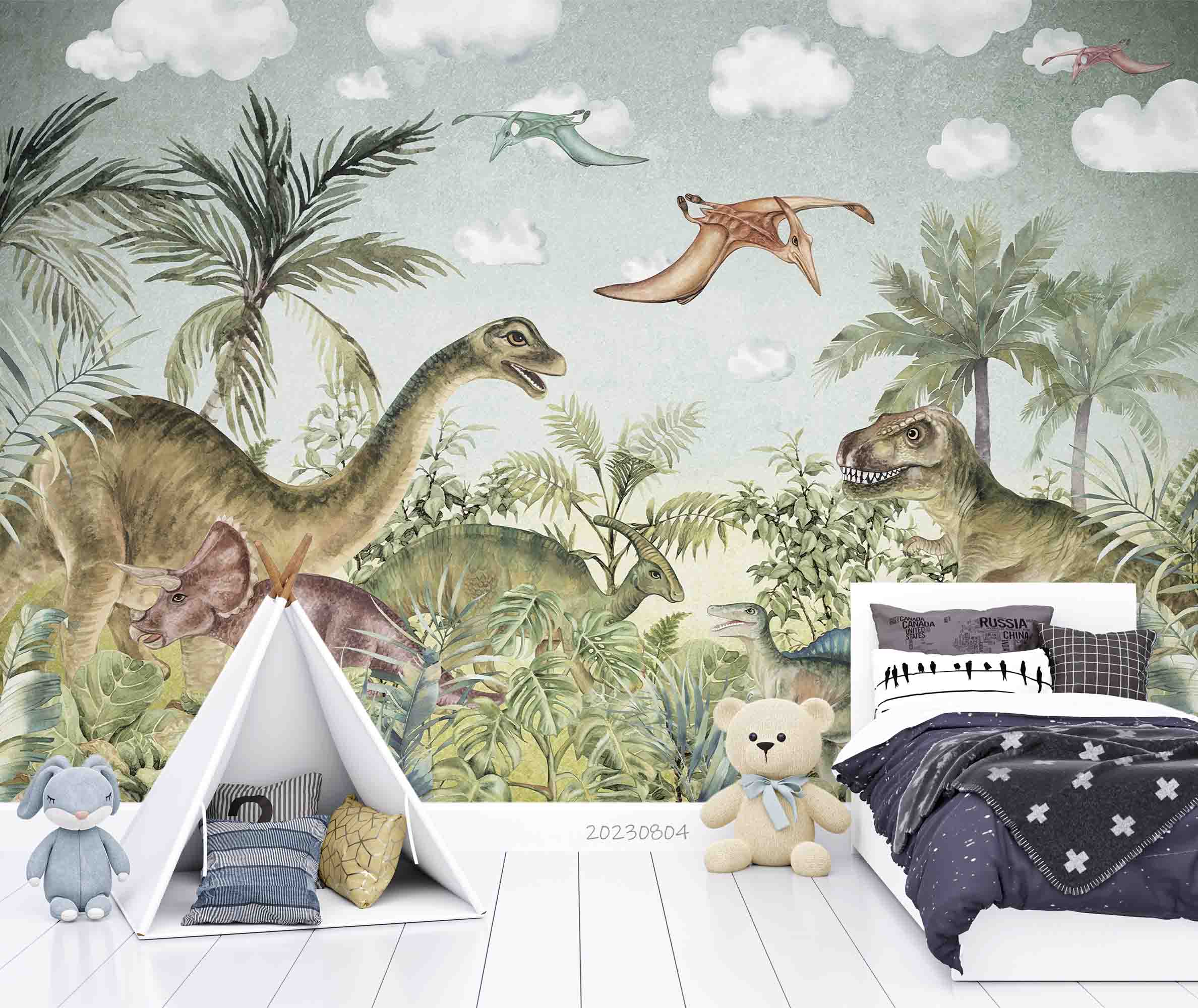 3D Animal Tree Dinosaur Cloud Wall Mural Wallpaper YXL 2549