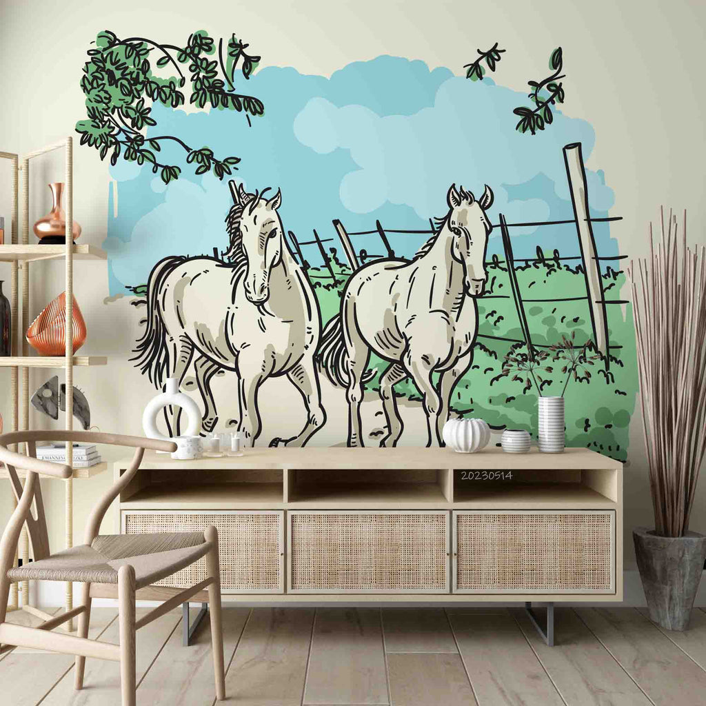 3D Horse Farm Landscape Hand Drawn Style Wall Mural Wallpaper GD