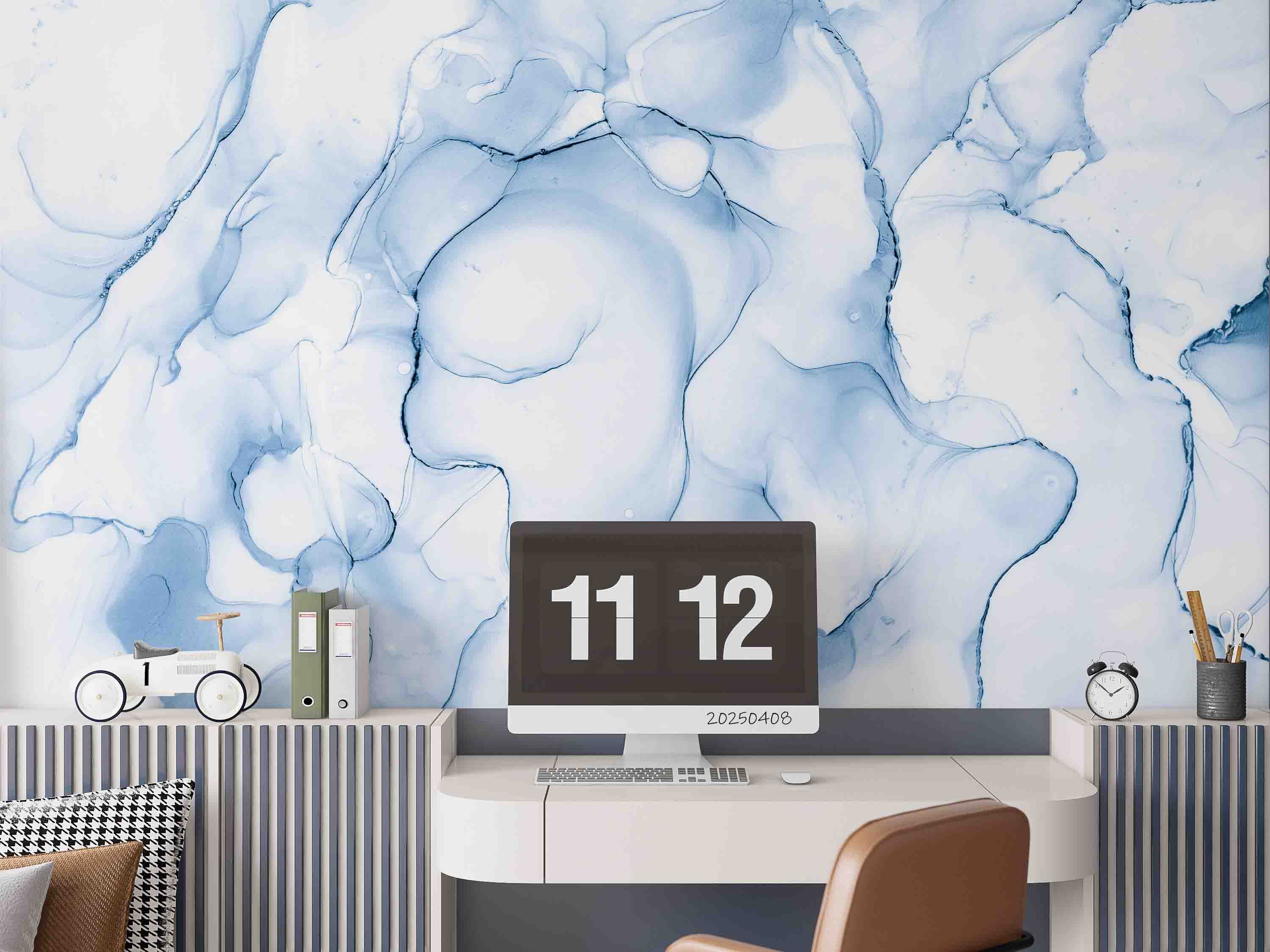 3D Blue Watercolor Marble soft blue marble texture wall mural wallpaper for bedroom - view 2