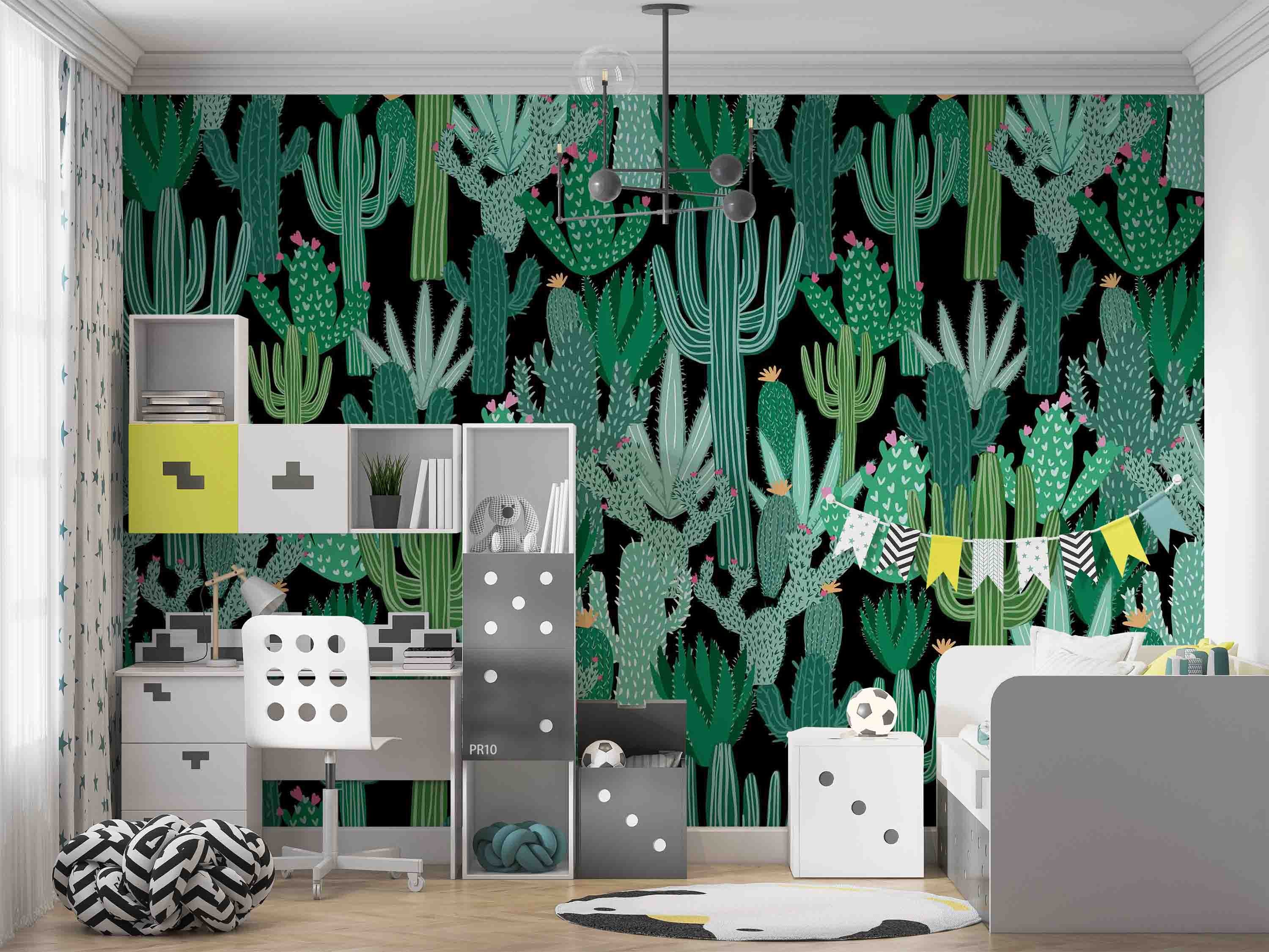 3D Watercolor Cactus Floral Black Background Wall Mural Wallpaper GD 4781- Jess Art Decoration