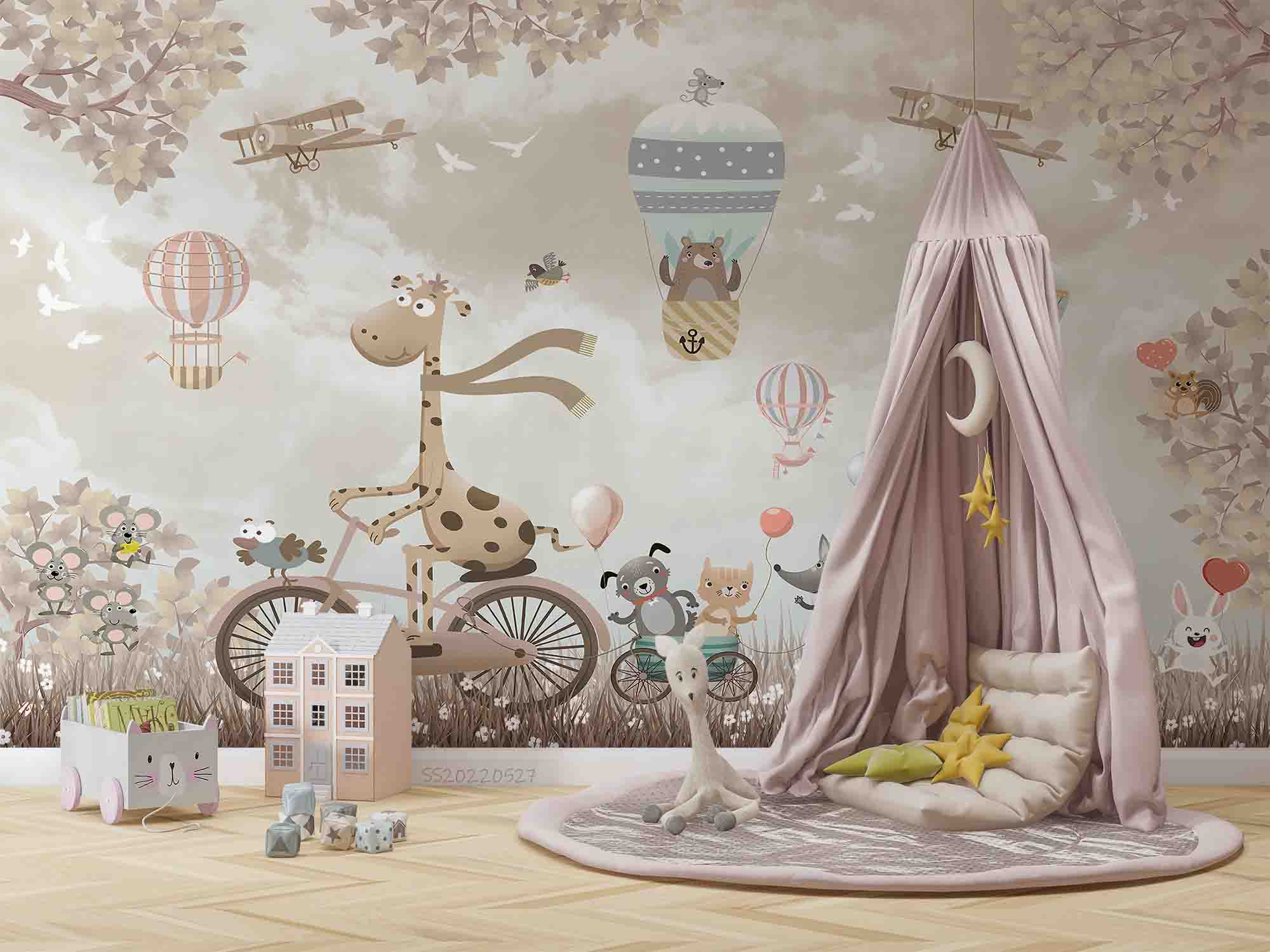 3D Cartoon Animal Hot Air Balloon Retro Airplane Bicycle Wall Mural Wallpaper GD 4155- Jess Art Decoration