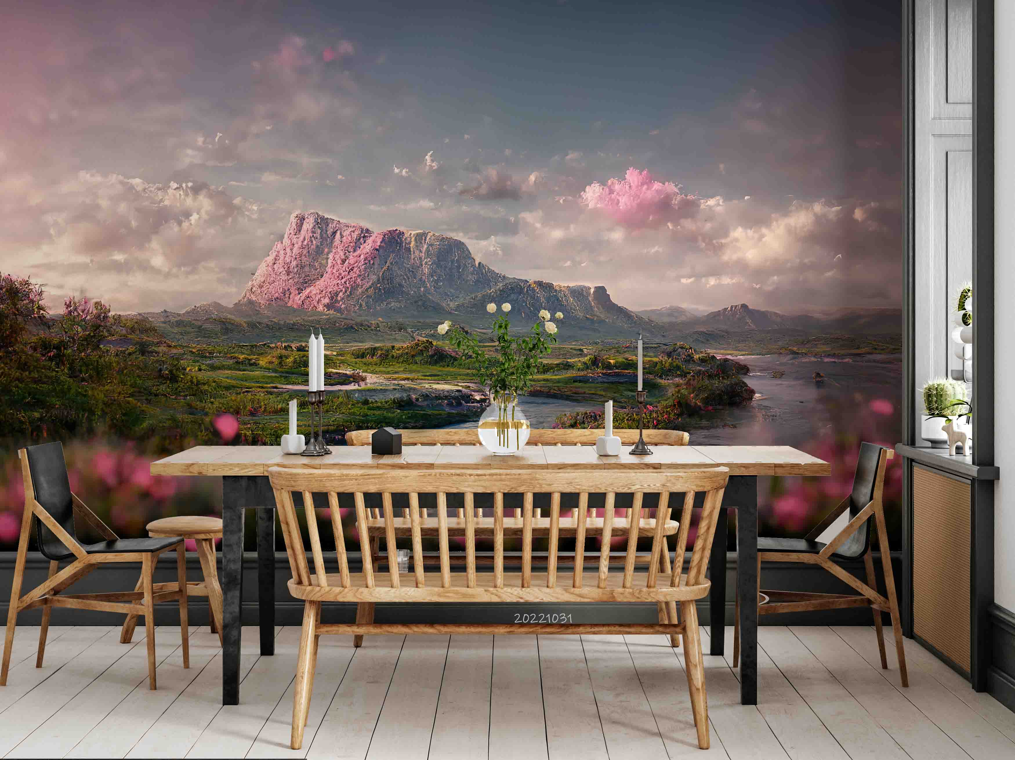 3D Morning Sea Mountain Rock Green Grass Flower Pink Sky Wall Mural Wallpaper GD 3098- Jess Art Decoration