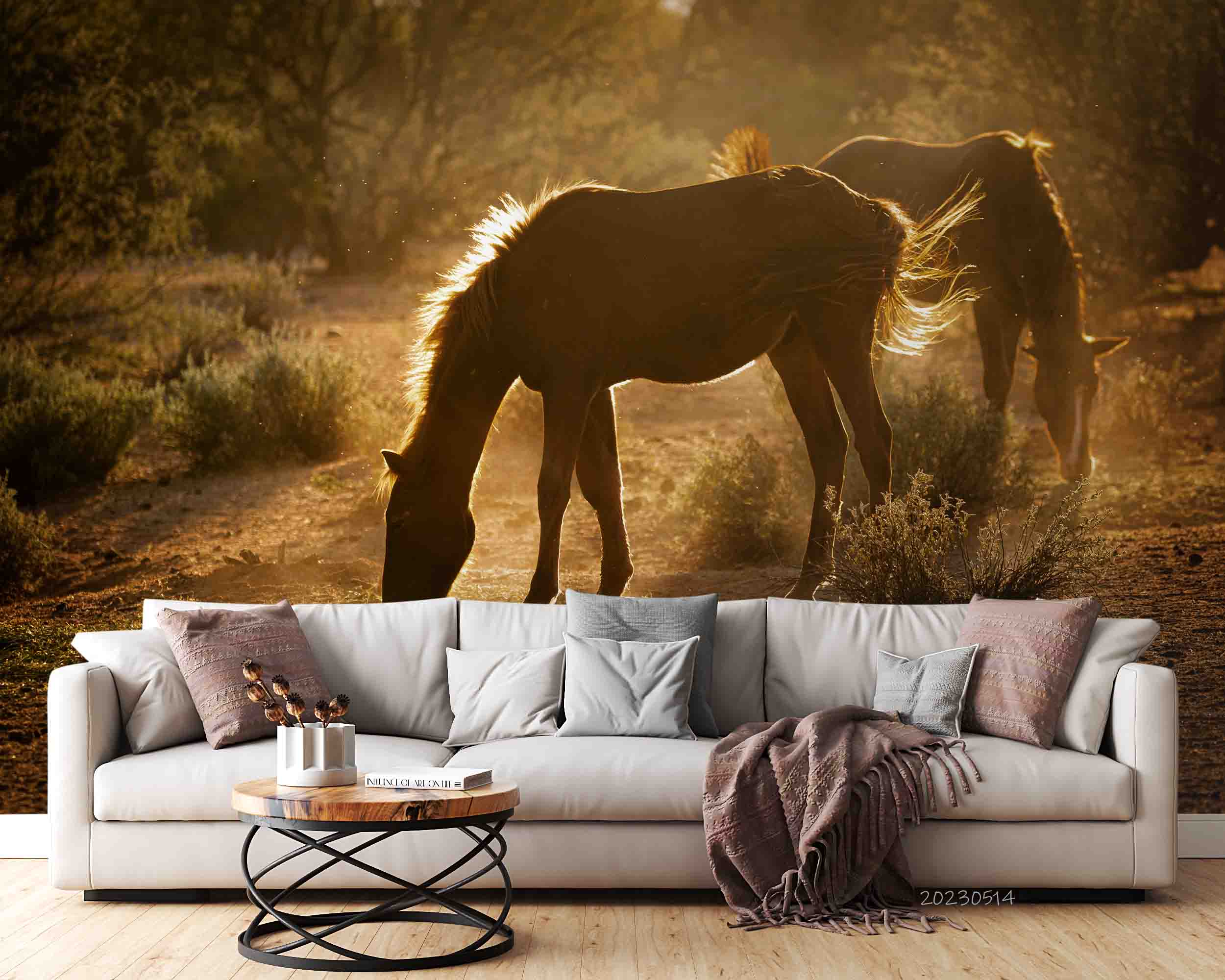 3D Morning Sun Meadow Mustang Arizona Wall Mural Wallpaper GD 5374- Jess Art Decoration