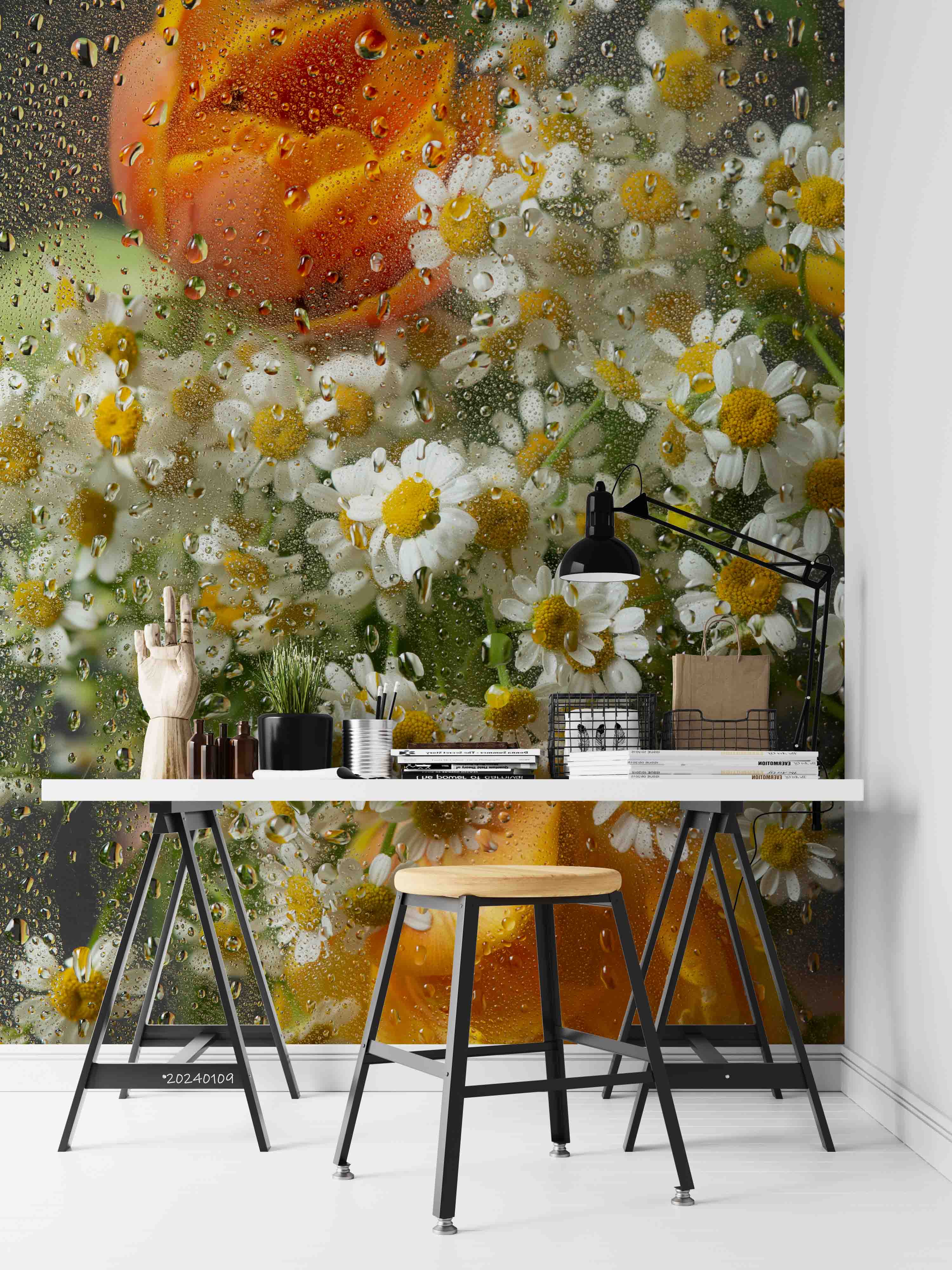 3D Oil Painting Floral Small Daisy Tulip Dew Glass Wall Mural Wallpaper YXL 150