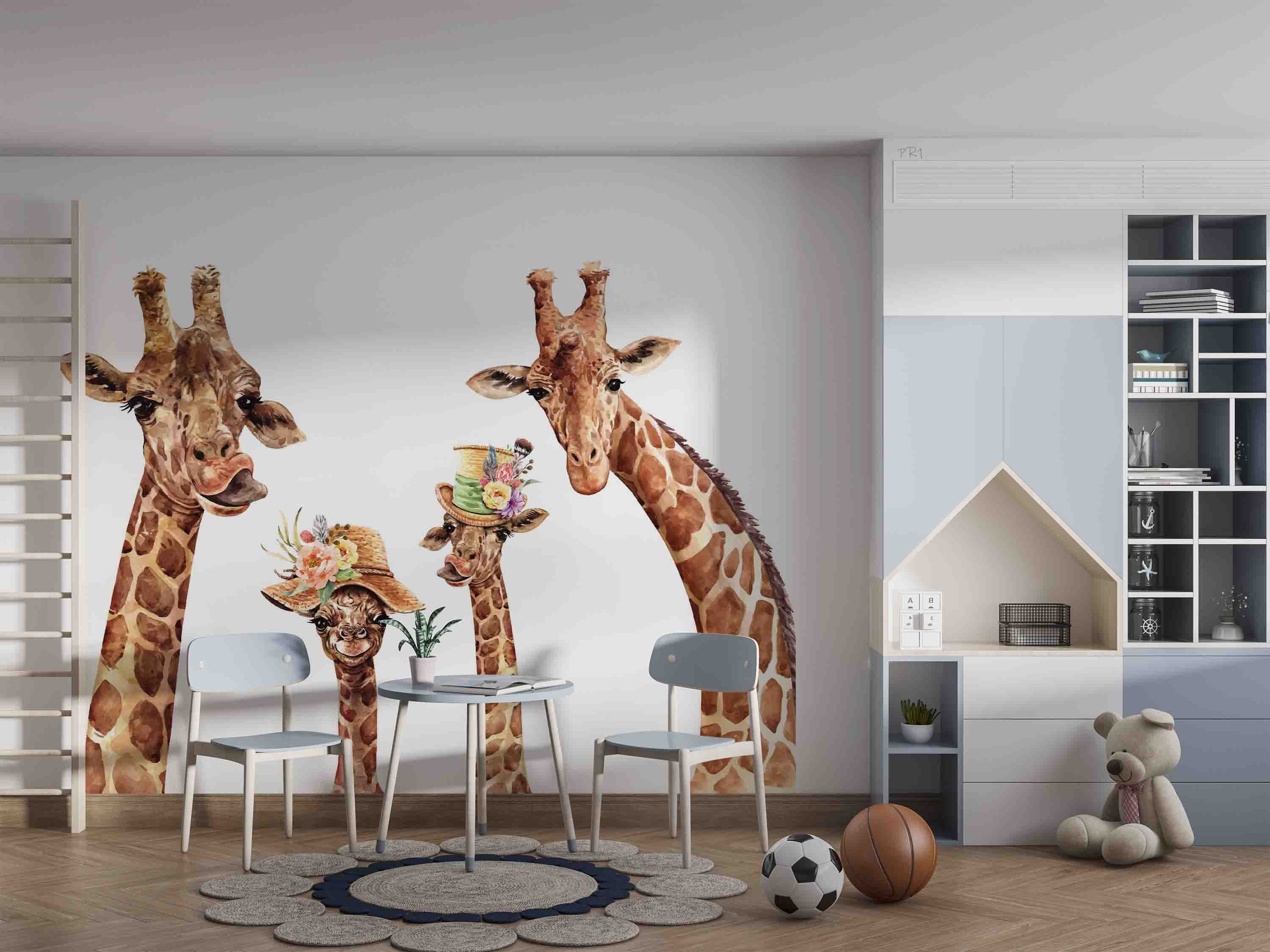 3D Animal Giraffe Cap Floral Wall Mural Wallpaper YXL 2682