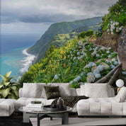 3D Coastal Trail Hydrangea Hill Dark Clouds Azores Portugal Wall Mural Wallpaper GD 4369- Jess Art Decoration