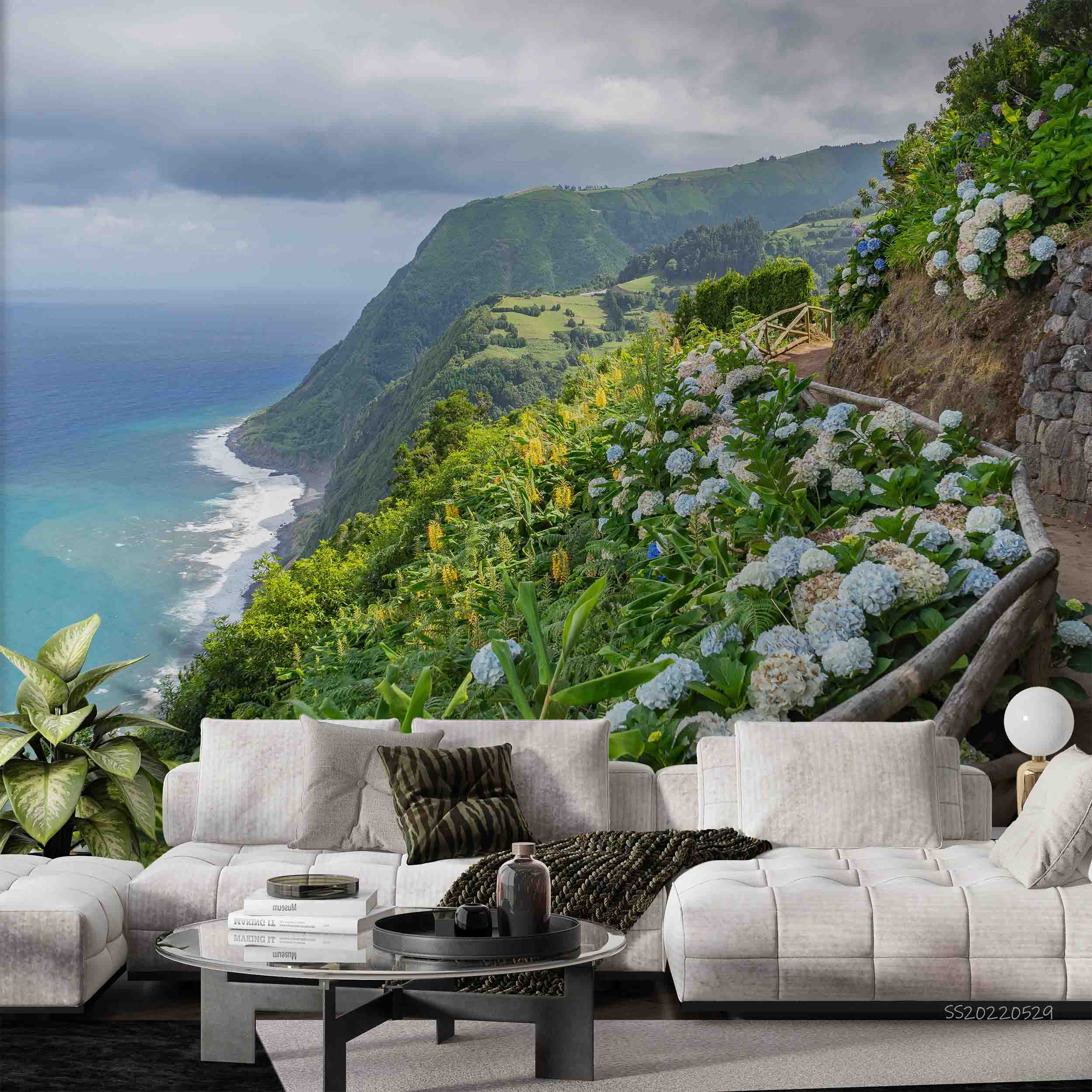 3D Coastal Trail Hydrangea Hill Dark Clouds Azores Portugal Wall Mural Wallpaper GD 4369- Jess Art Decoration