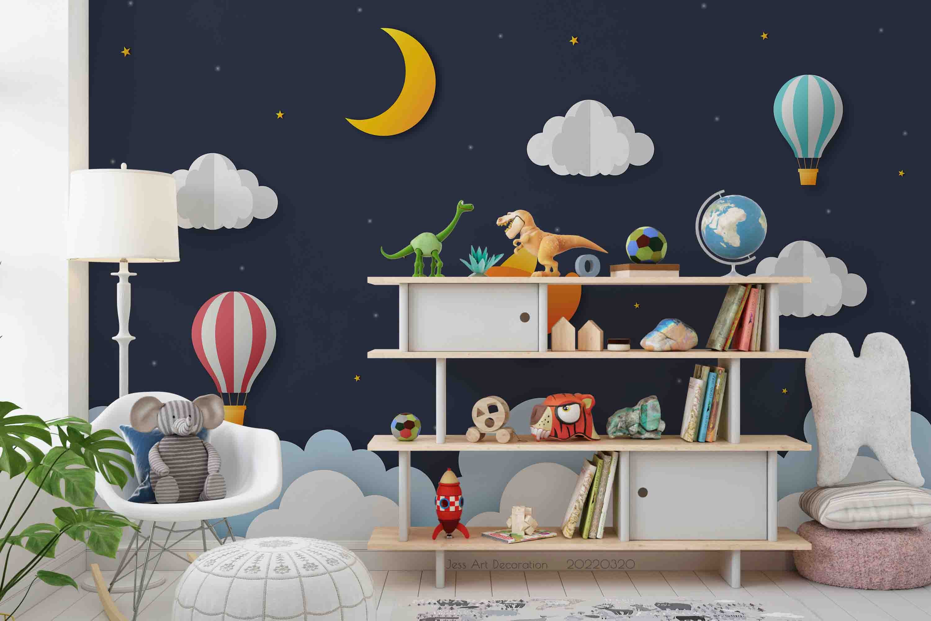 3D Moon Airplane Clouds paper airplane moon cloud scene wall mural wallpaper for nursery - view 3
