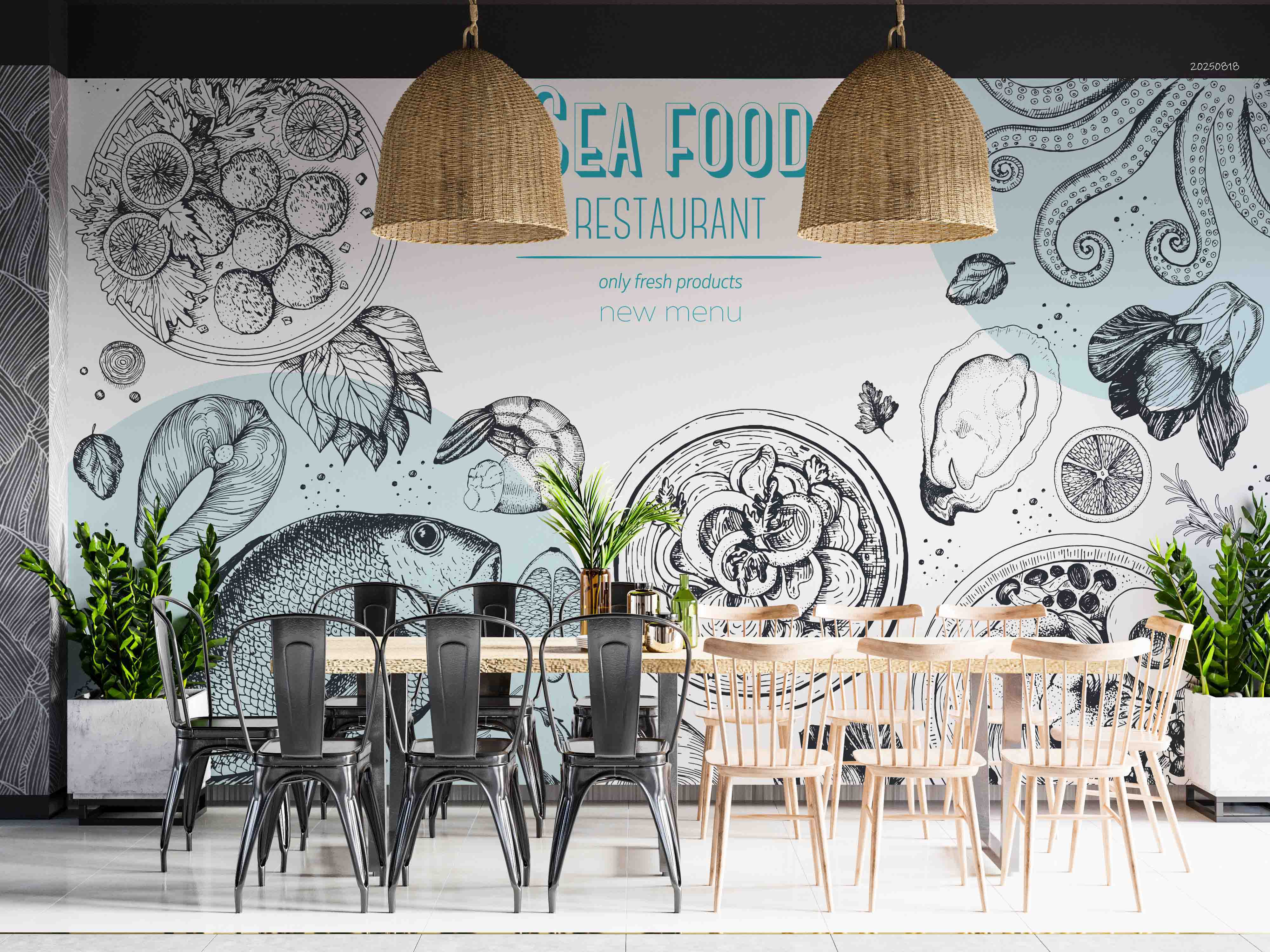 3D Restaurant Snack Bar Diner Fast Food Sea Food Wall Mural Wallpaper 55