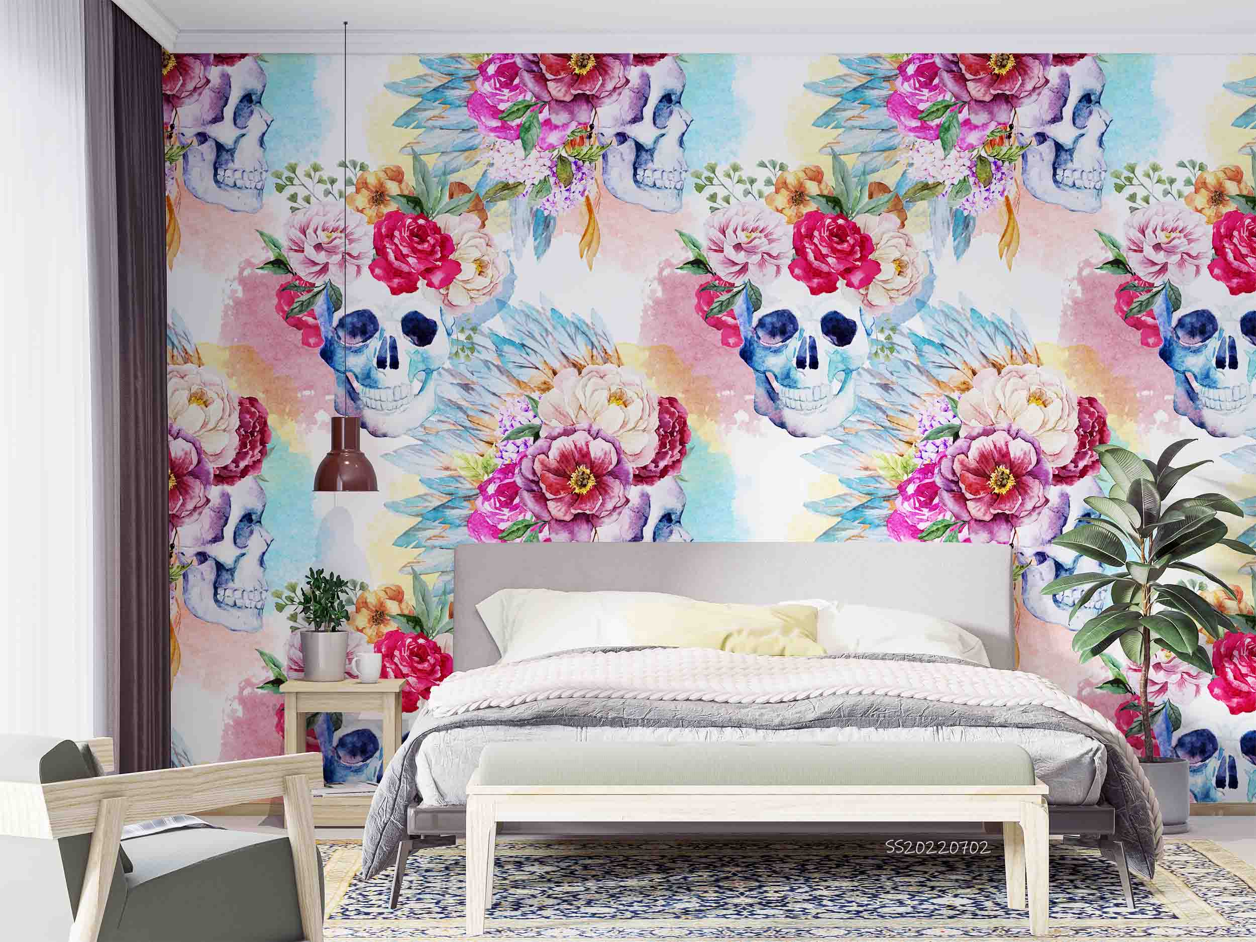 3D Watercolor Peony Skull Wreath Pattern Wall Mural Wallpaper GD 5193- Jess Art Decoration