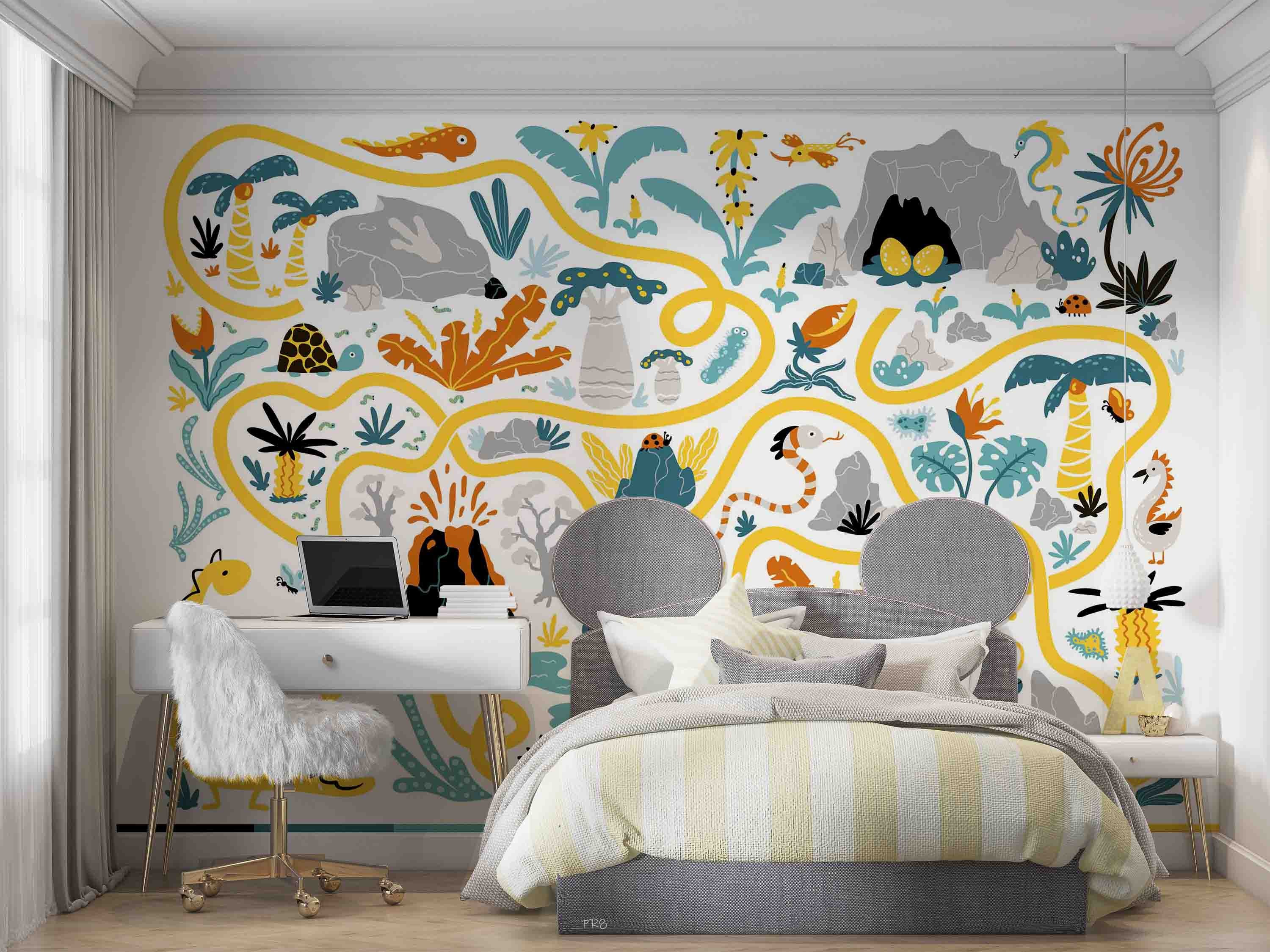 3D Cartoon Tropical Plant Volcano Dinosaur Maze Wall Mural Wallpaper GD 4573- Jess Art Decoration