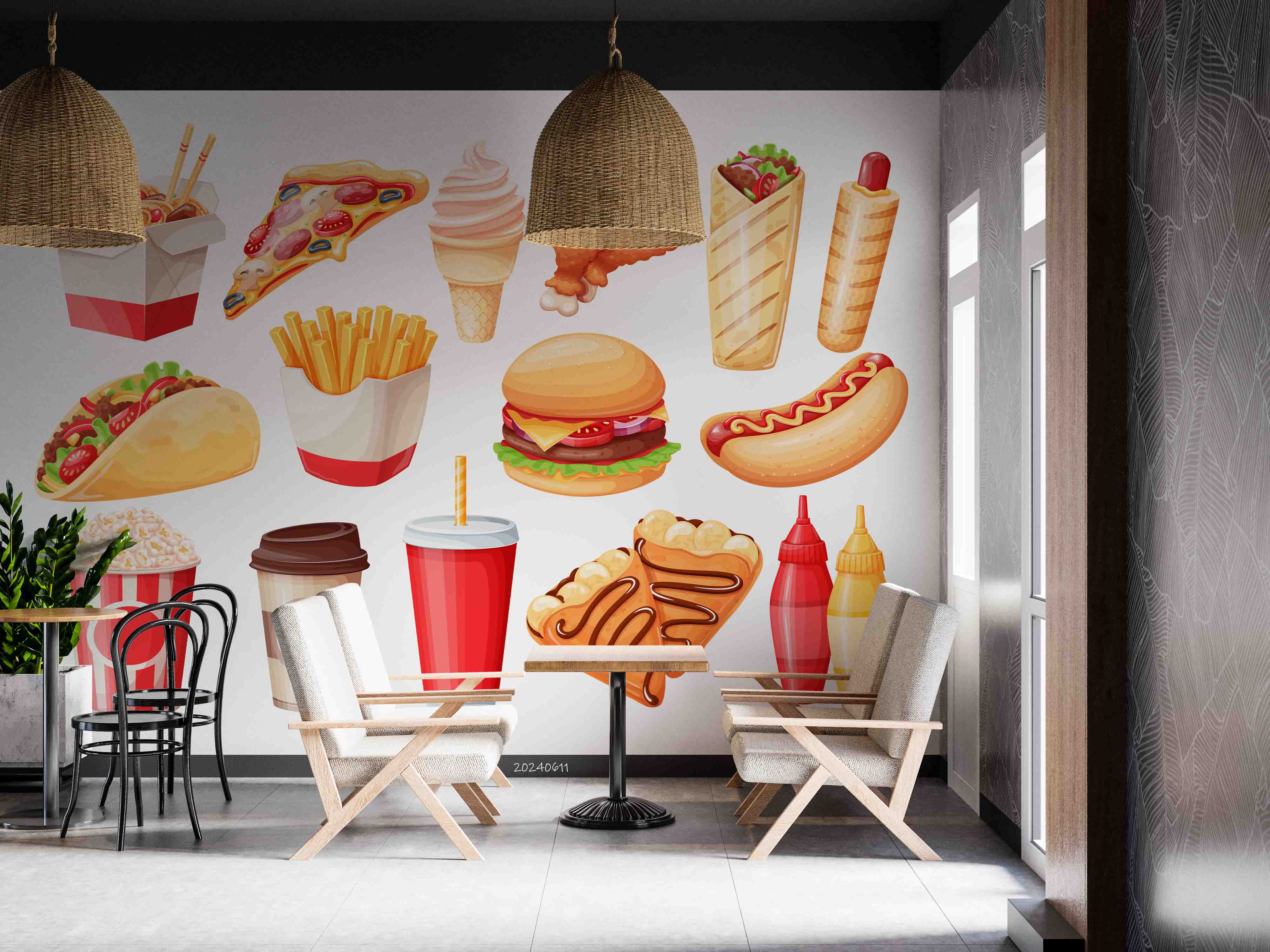 3D Hamburger Chips Ice Cream Pizza Chicken Leg Wall Mural Wallpaper YXL 269