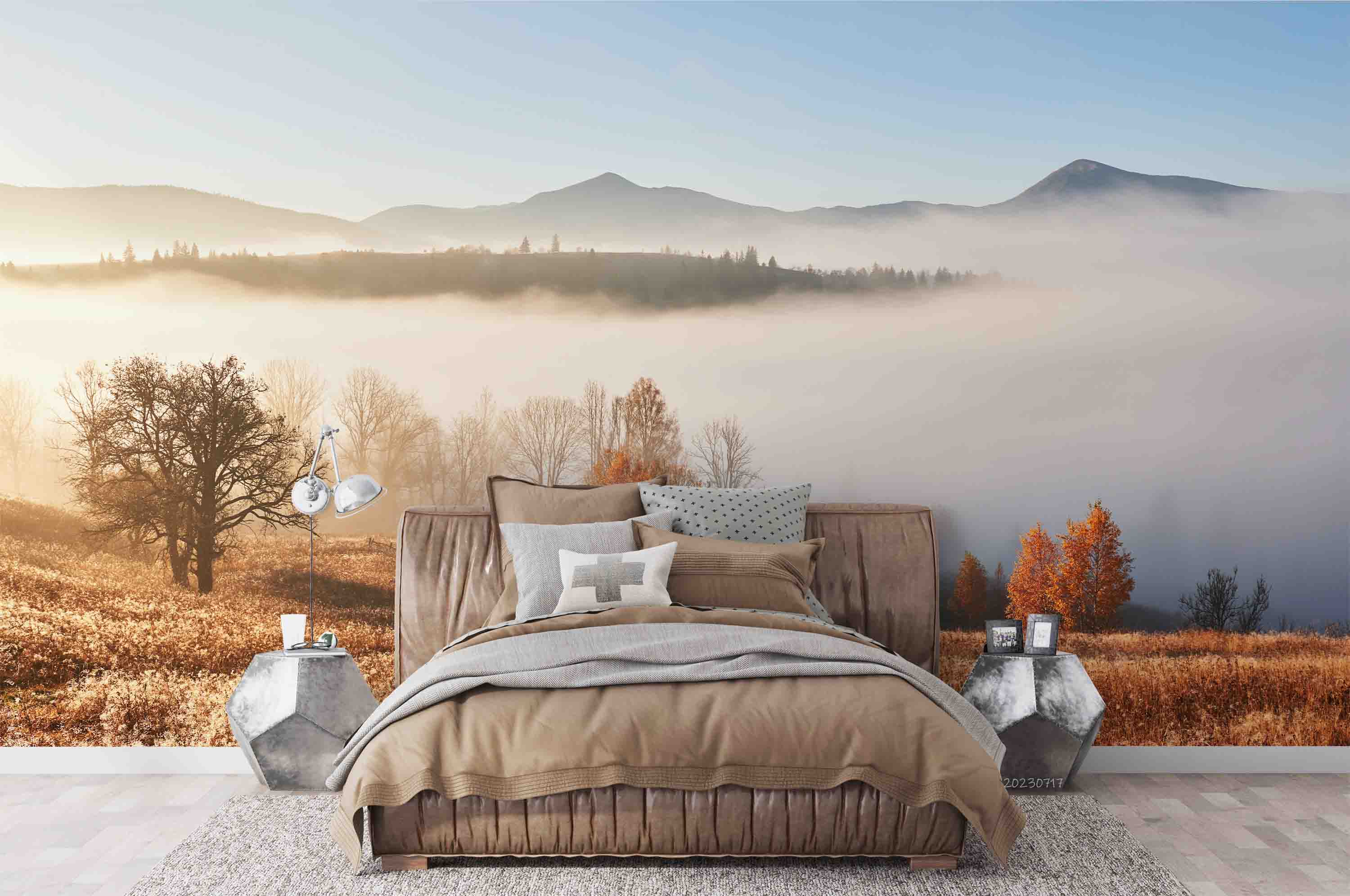 3D Mountains Fog Autumn Landscape Wall Mural Wallpaper JN 370