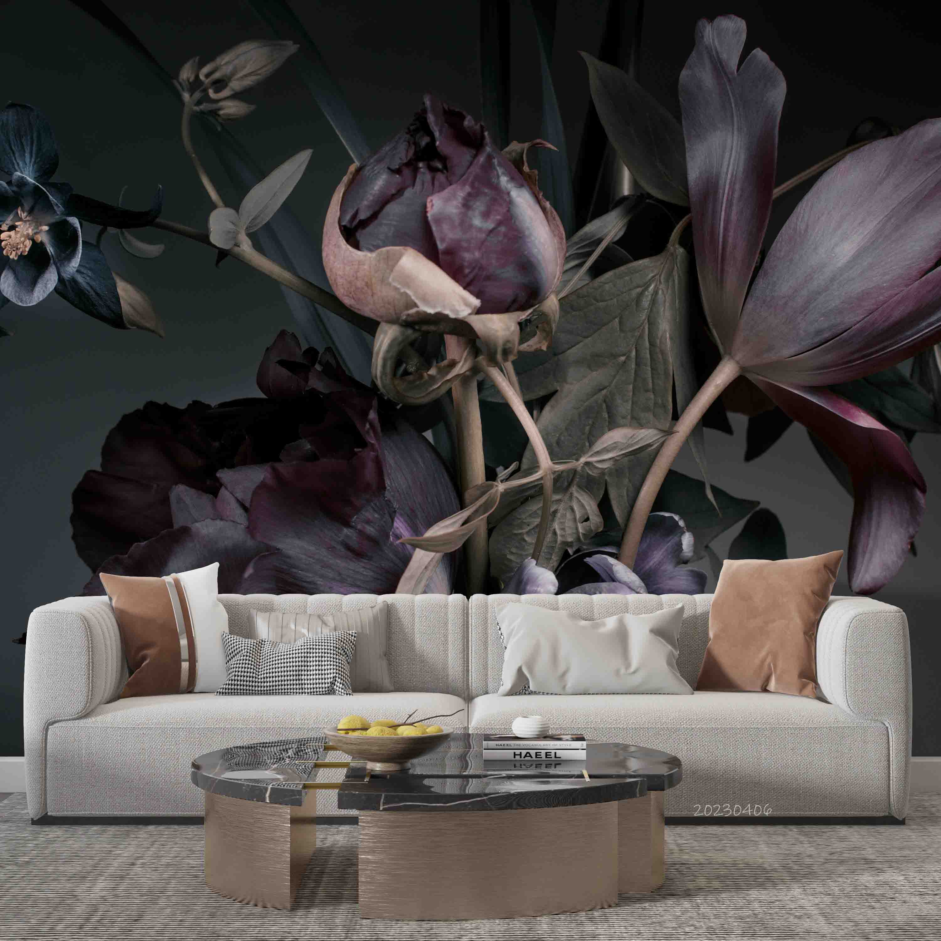 3D Peony Tulip Bouquet Dark Background Wall Mural Wallpaper GD 5626- Jess Art Decoration