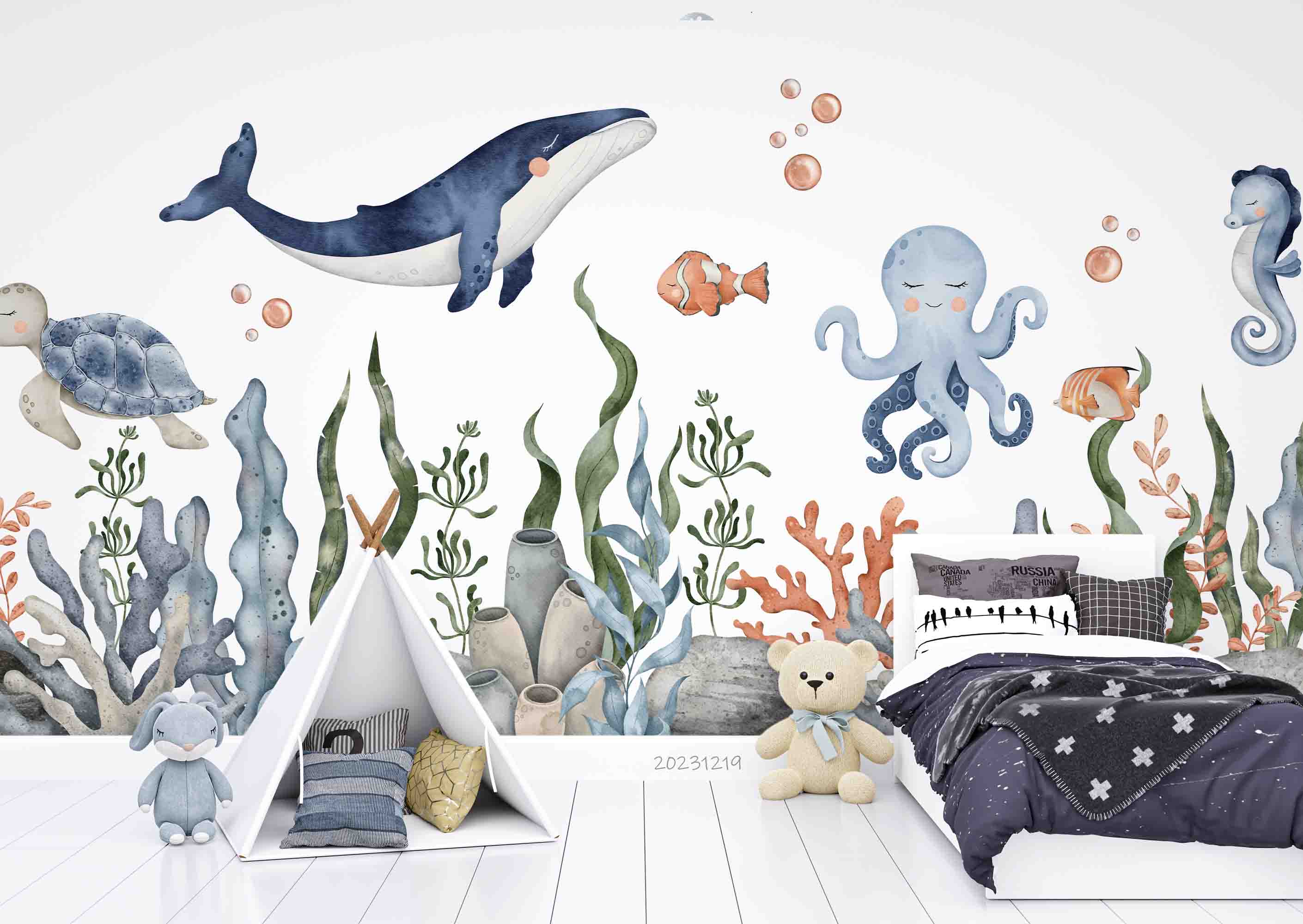 3D Animal Octopus Sea Turtle Coral Stone Fish Whale Wall Mural Wallpaper YXL 41